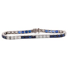 Art Deco Vintage Diamond and Blue Sapphire Square Platinum Filigree Bracelet