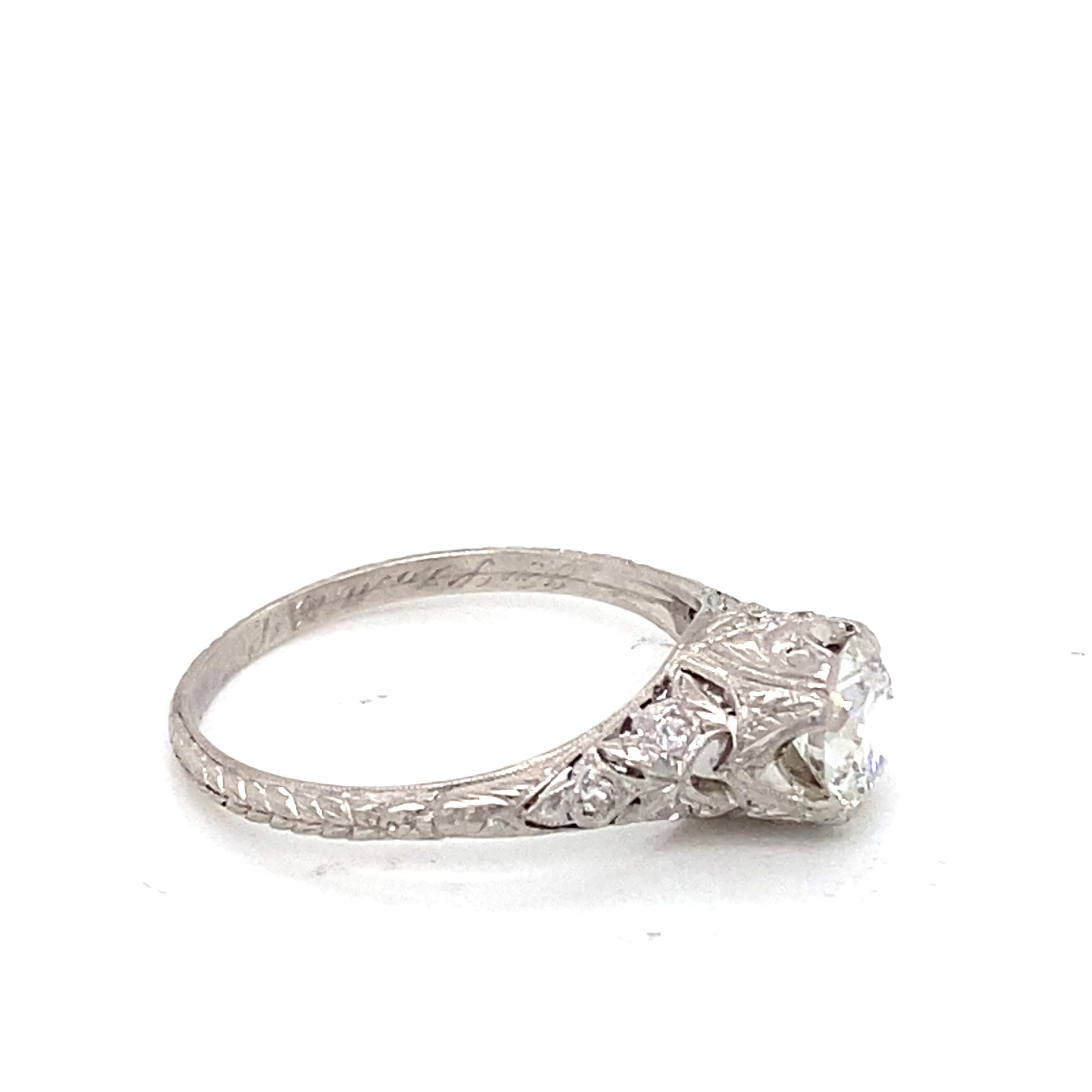Art Deco Vintage Transitional Round Diamond and Platinum Engagement Ring In Good Condition For Sale In Towson, MD