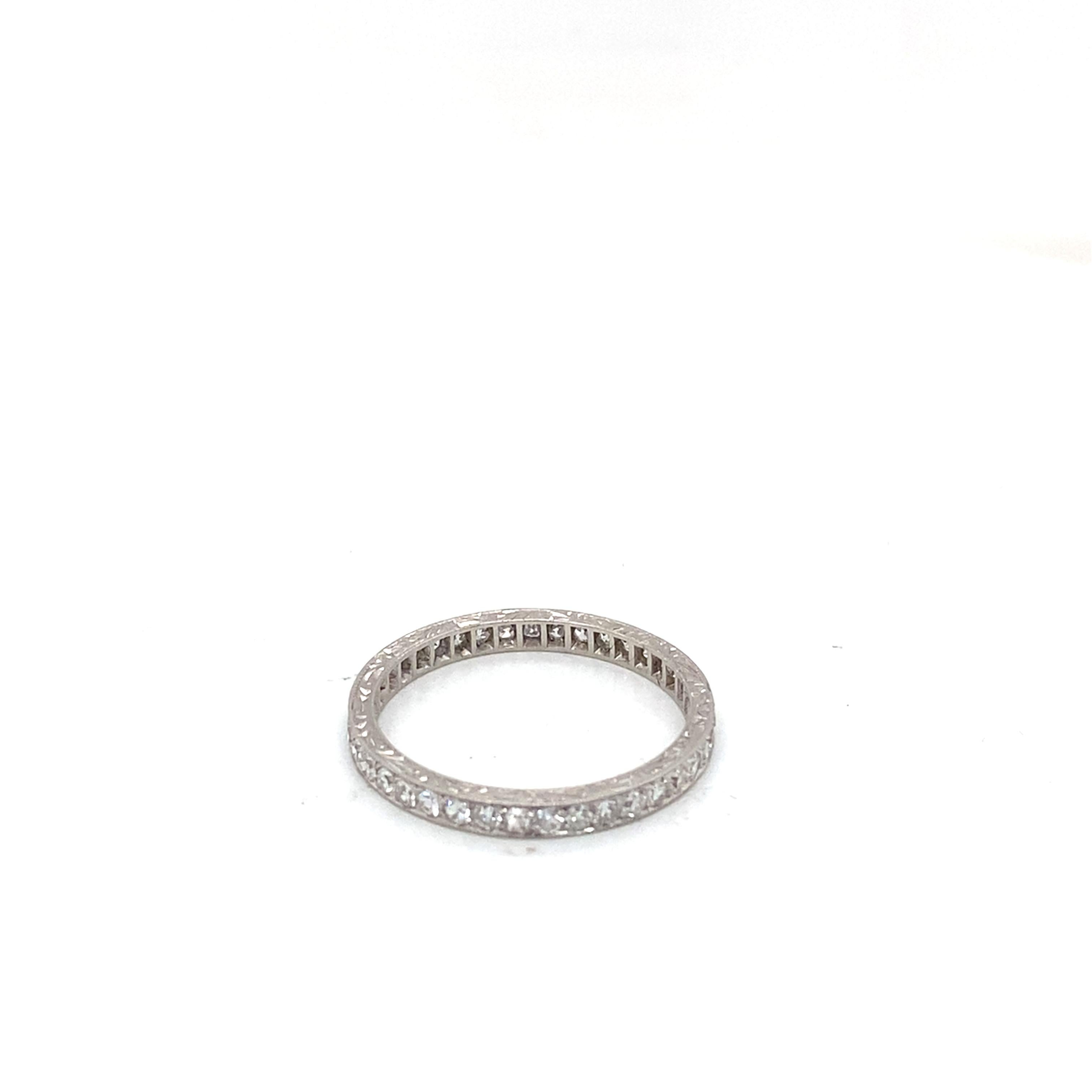 Women's or Men's Art Deco Vintage Diamond and Platinum Hand Engraved Eternity Wedding Band For Sale