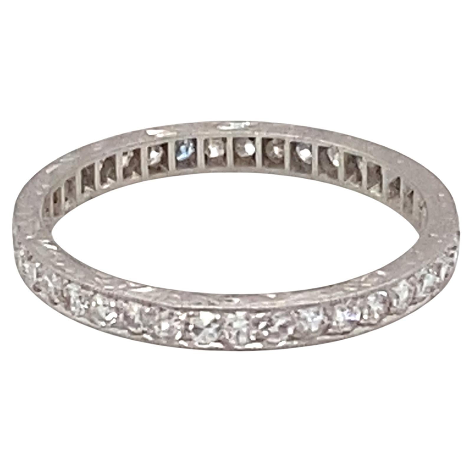 Art Deco Vintage Diamond and Platinum Hand Engraved Eternity Wedding Band