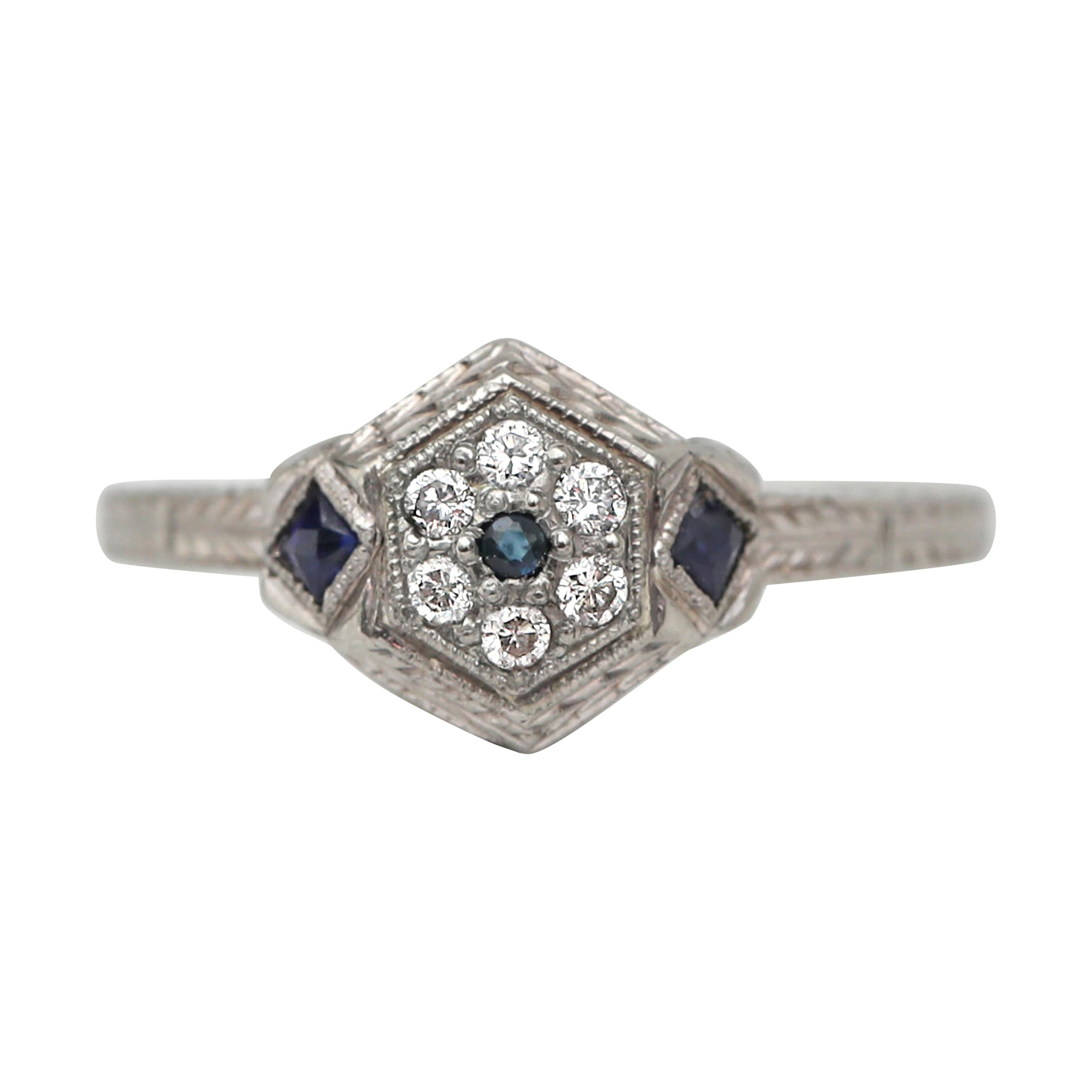 Art Deco Vintage Diamond and Sapphire Halo Etched 18 Karat White Gold