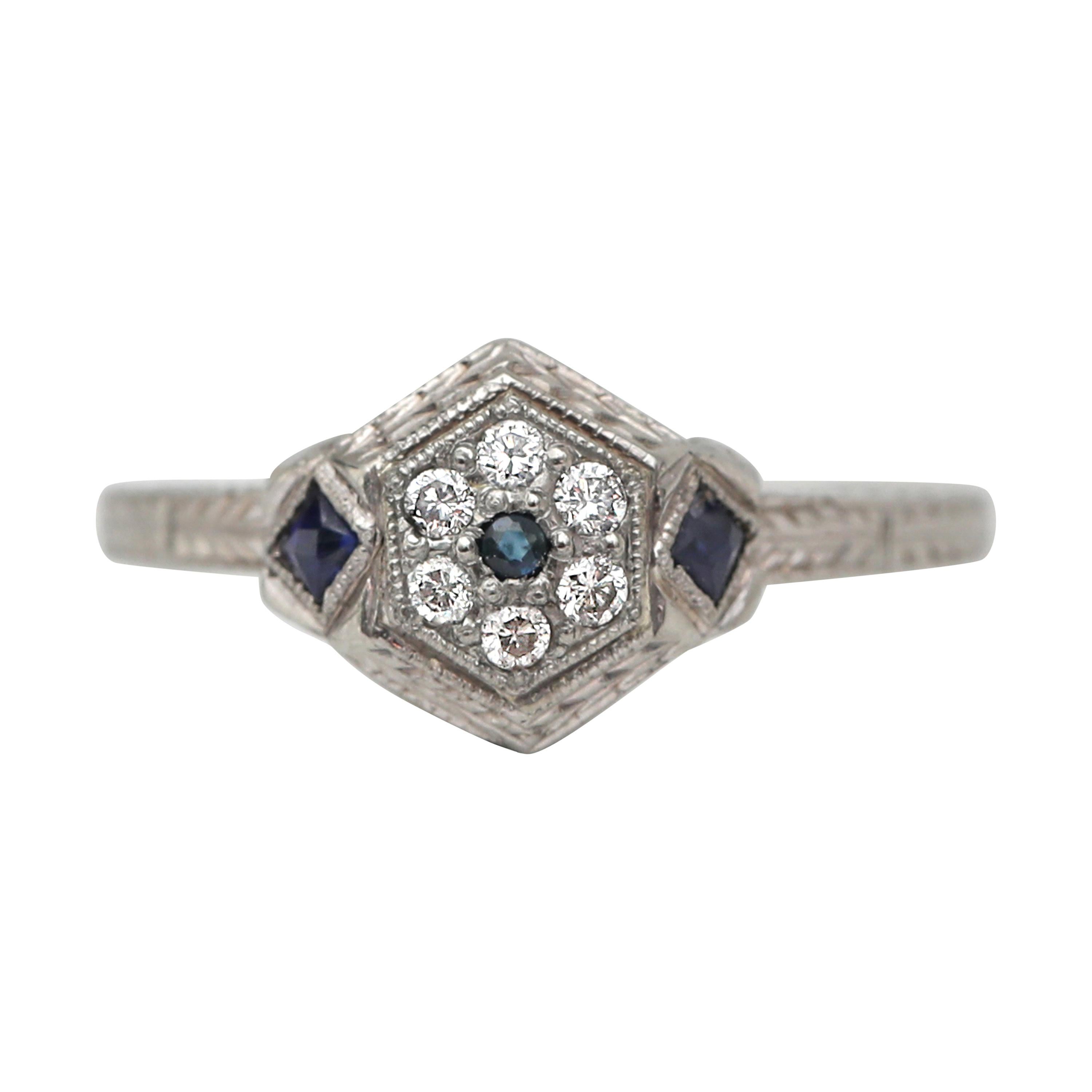 Art Deco Vintage Diamond and Sapphire Halo Etched 18 Karat White Gold Ring