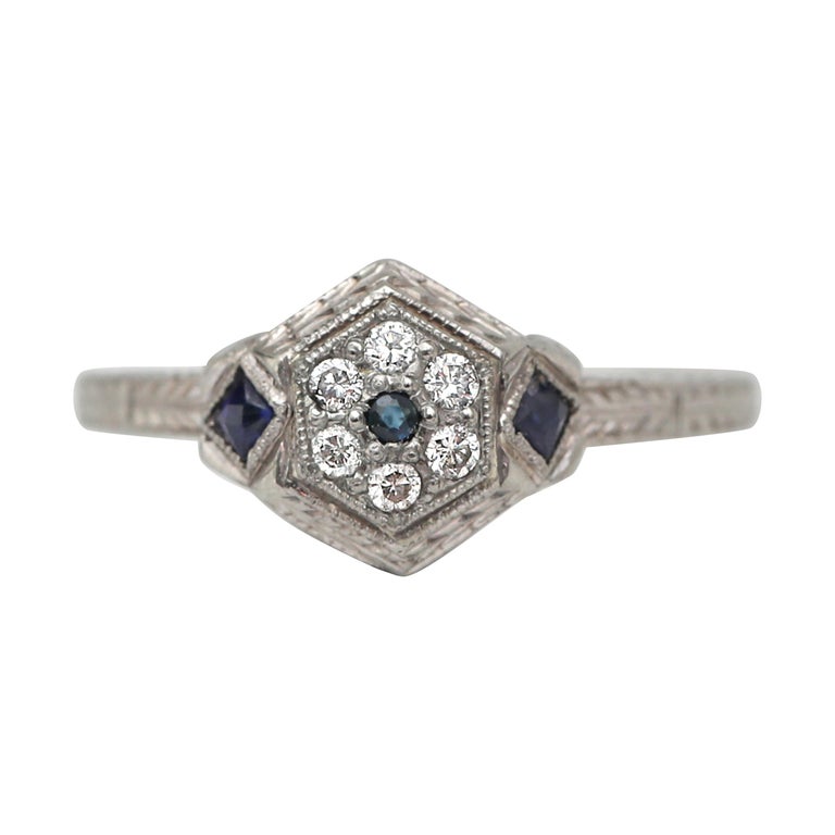 Art Deco Vintage Diamond and Sapphire Halo Etched 18 Karat White Gold ...