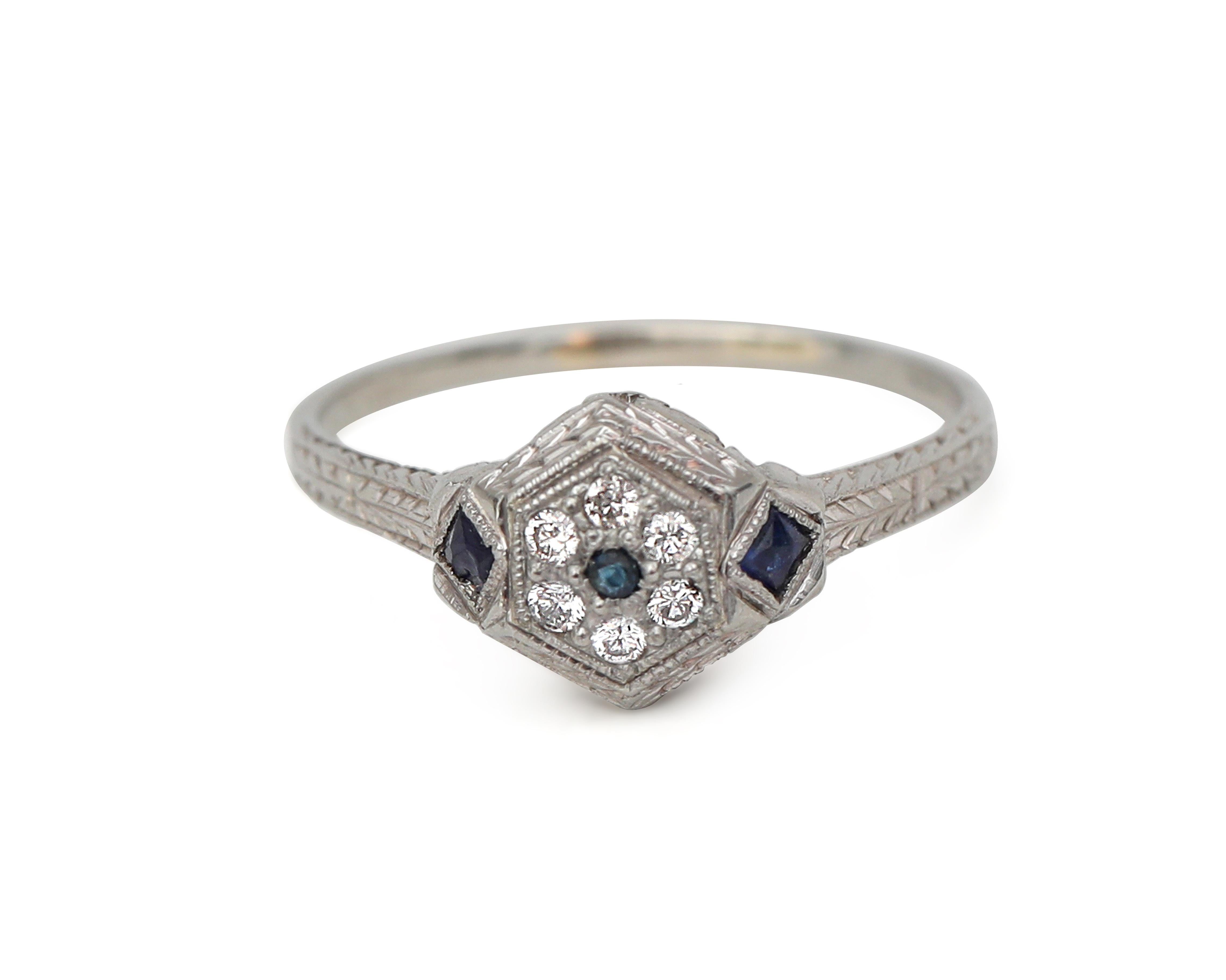 Women's Art Deco Vintage Diamond and Sapphire Halo Etched 18 Karat White Gold Ring