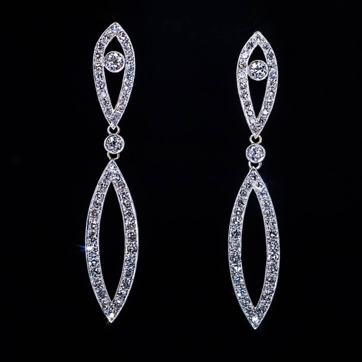 Women's Art Deco Vintage Diamond Platinum Gold Long Earrings