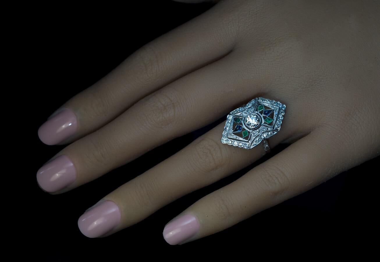 Old European Cut Art Deco Vintage Diamond Sapphire Emerald Platinum Ring For Sale