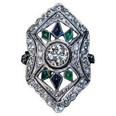 Art Deco Antique Diamond Sapphire Emerald Platinum Ring