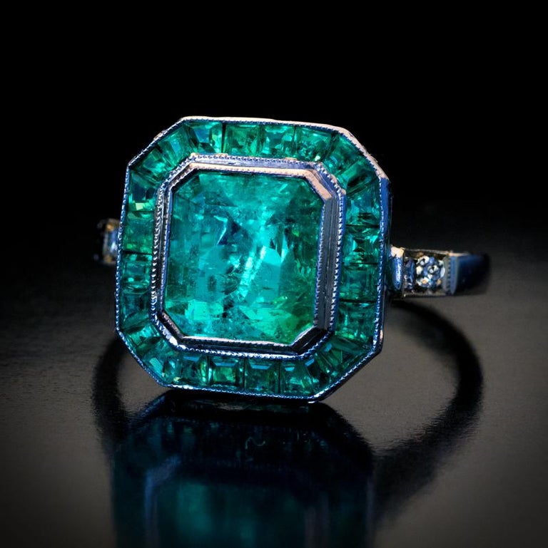 Art Deco Vintage Emerald Cluster Engagement Ring at 1stDibs