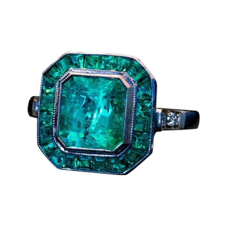 Art Deco Vintage Emerald Cluster Engagement Ring