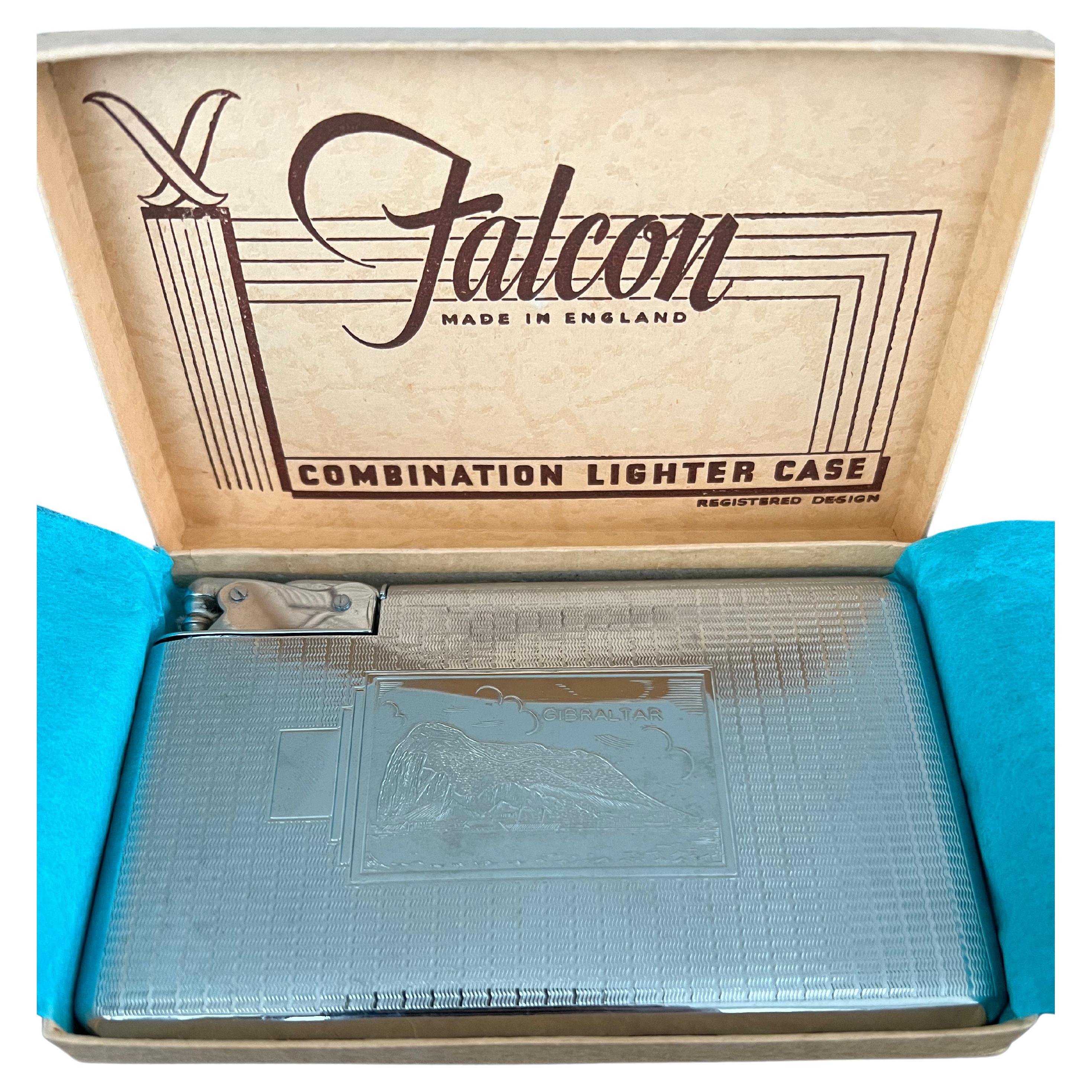 Art Deco Vintage Falcon Combination Lighter and Cigarette case 
Beautiful Falcon Combination Lighter and Cigarette Case in its original box from the 1950's.  
It measures approx.  5.5