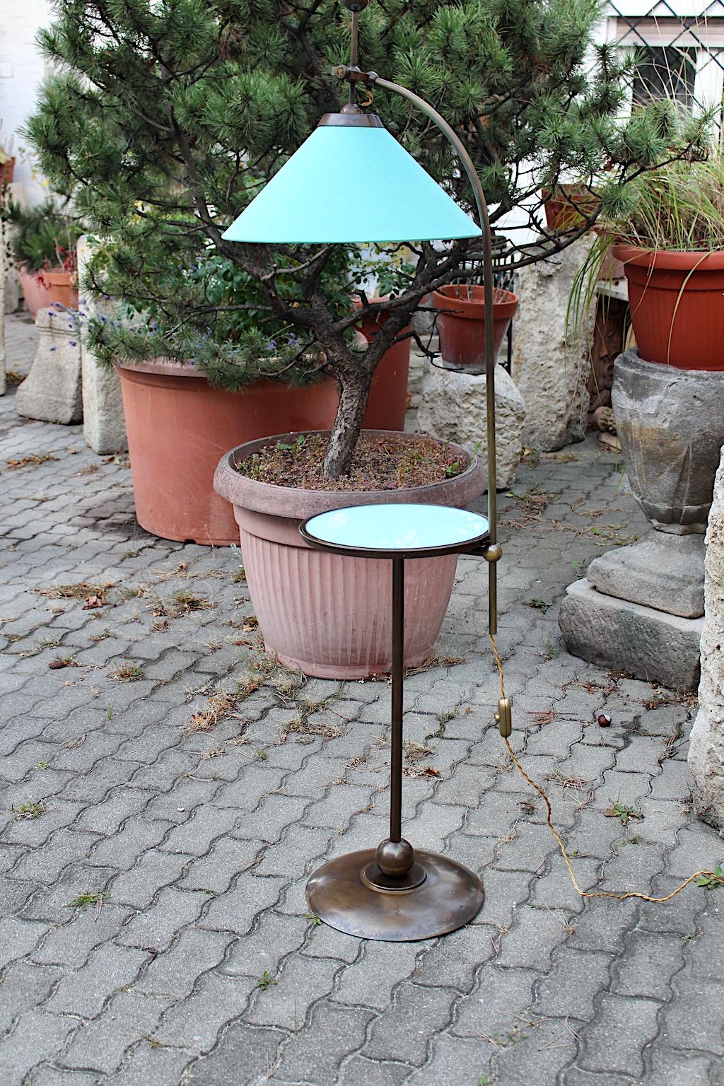 Early 20th Century Art Deco Vintage Floor Lamp Table Brassed Metal Green Glass circa 1925 Austria For Sale