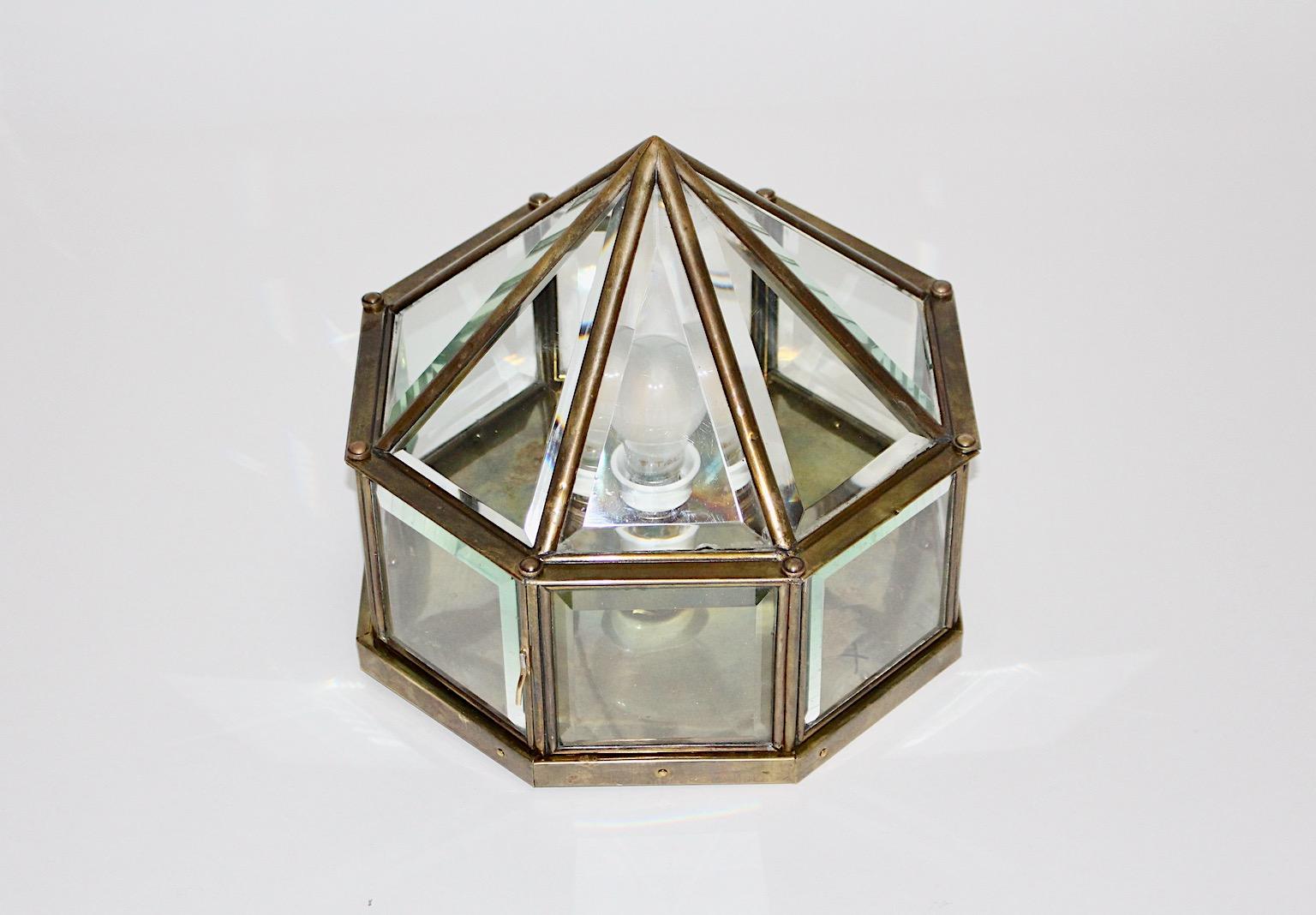 Art Deco Vintage Flush Mount Hoffmann Style Clear Glass Brass circa 1920 Austria For Sale 10