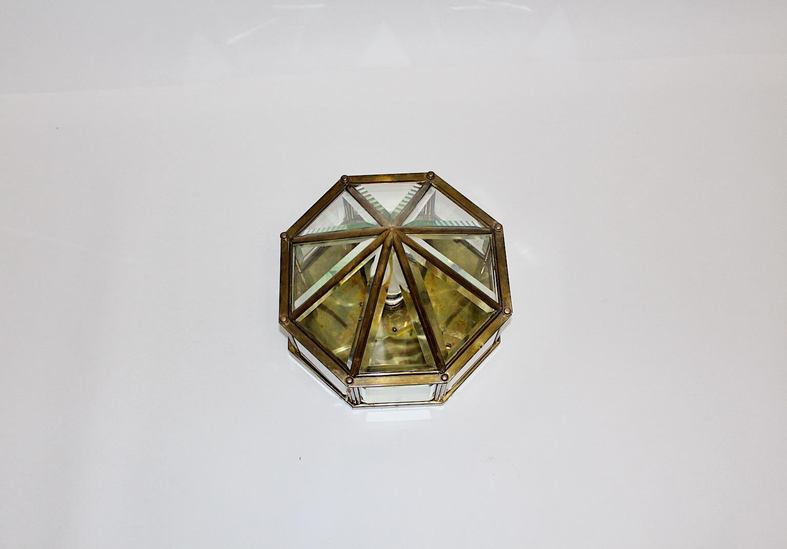 Austrian Art Deco Vintage Flush Mount Hoffmann Style Clear Glass Brass circa 1920 Austria For Sale