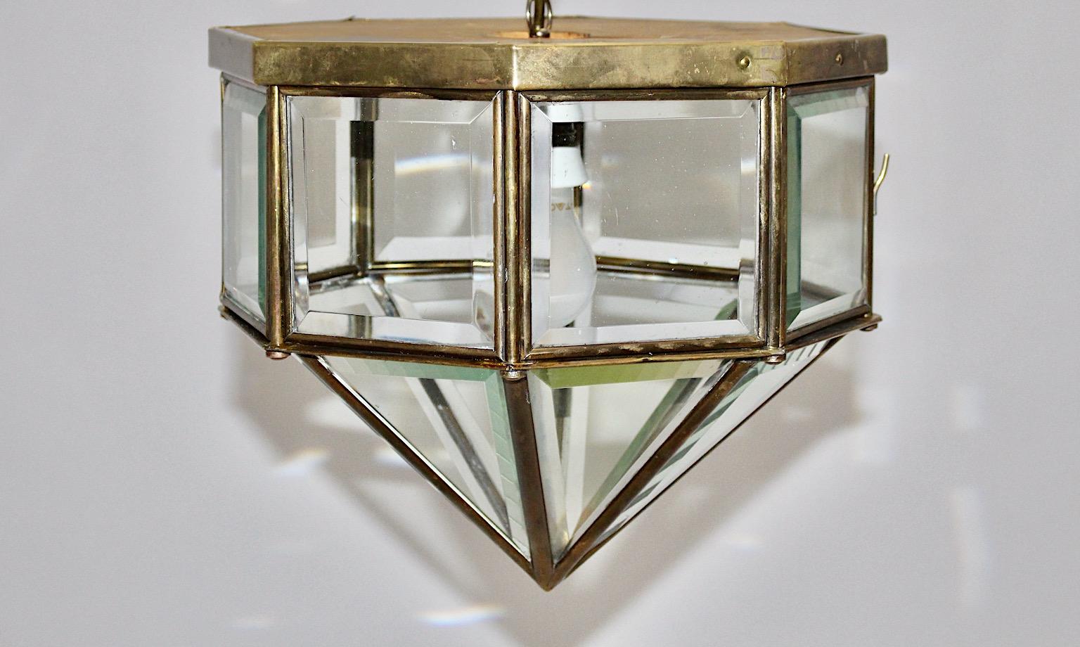 Art Deco Vintage Flush Mount Hoffmann Style Clear Glass Brass circa 1920 Austria For Sale 1