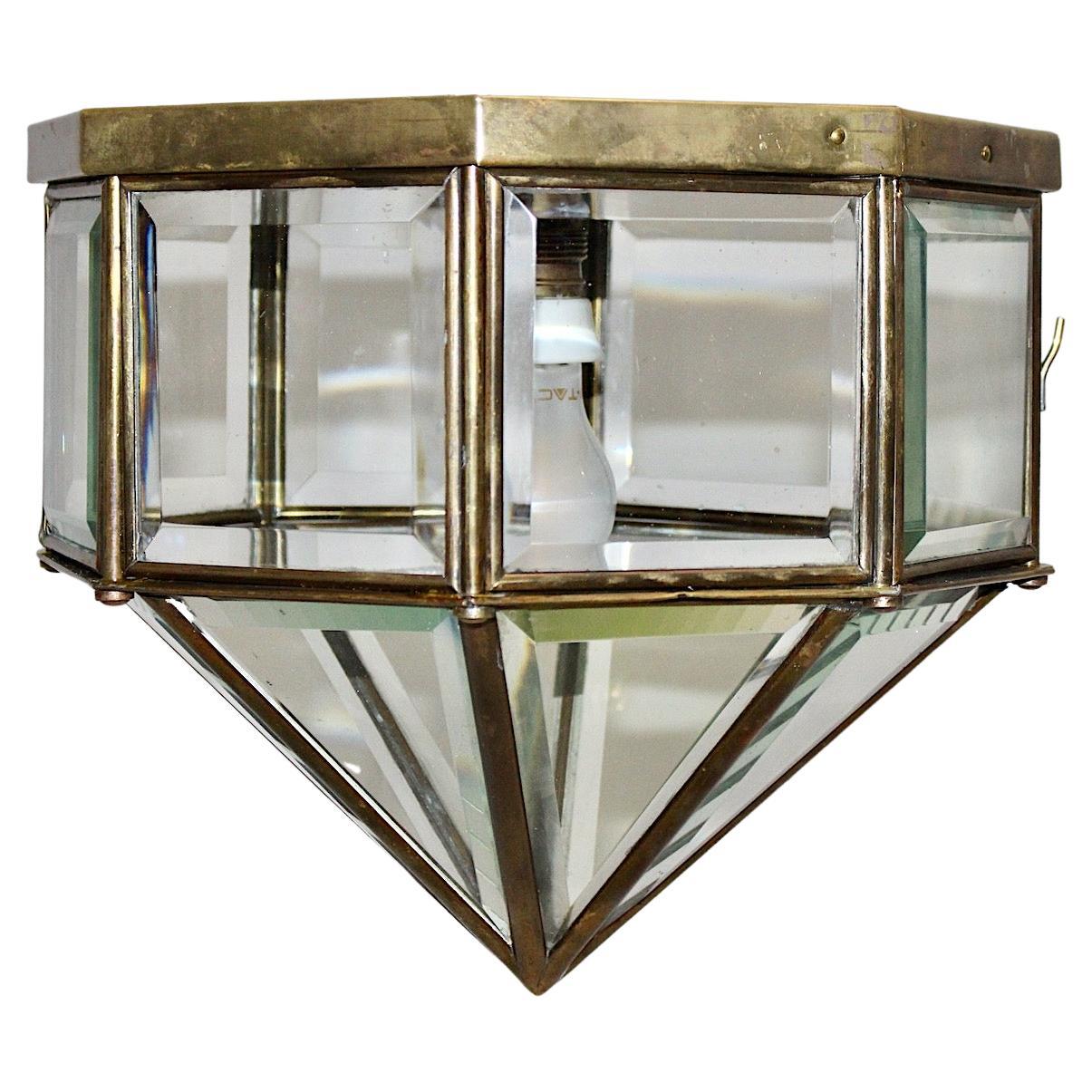 Art Deco Vintage Flush Mount Hoffmann Style Clear Glass Brass circa 1920 Austria