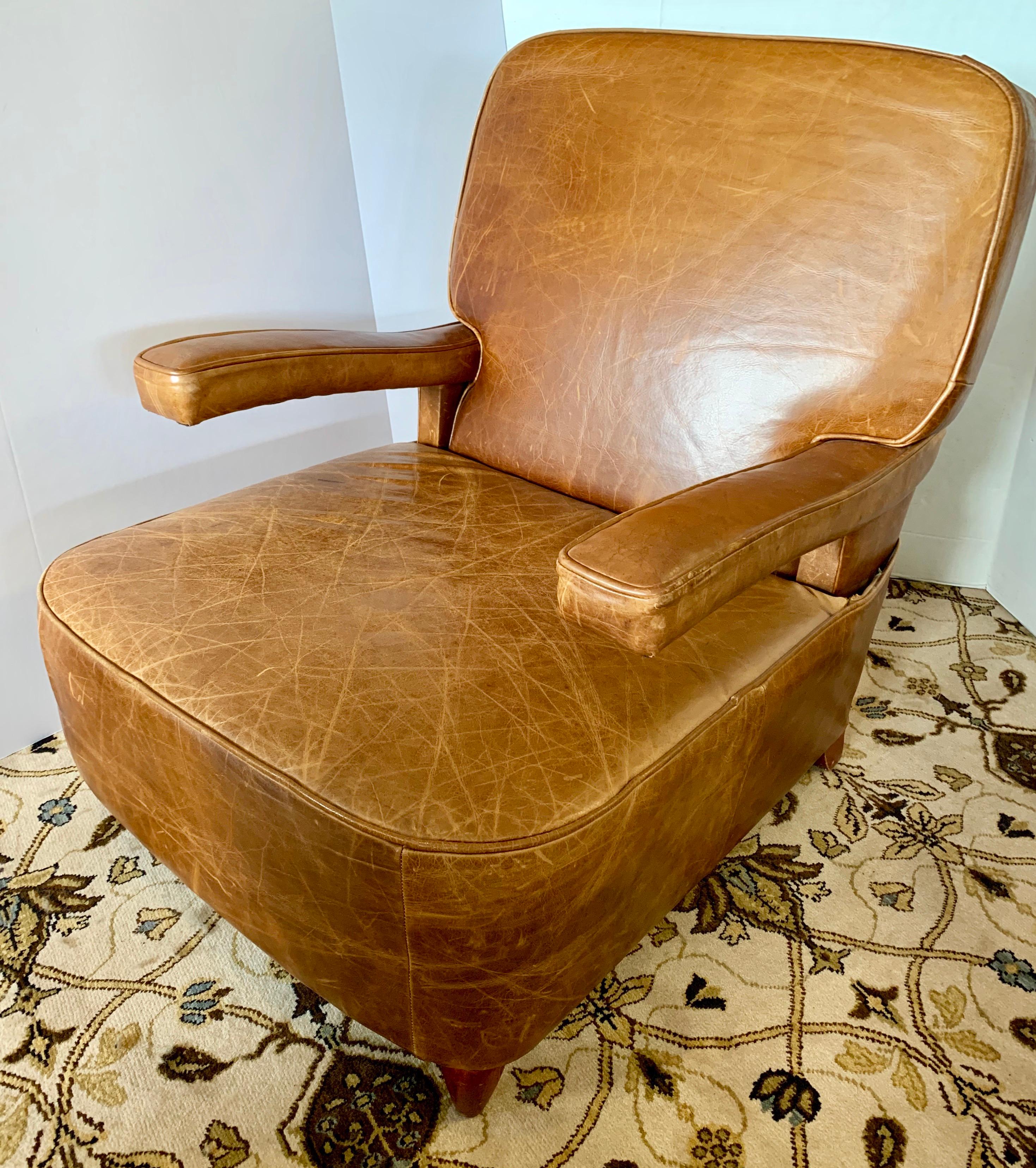 Art Deco Vintage French Brown Leather Club Cigar Chair In Good Condition In West Hartford, CT