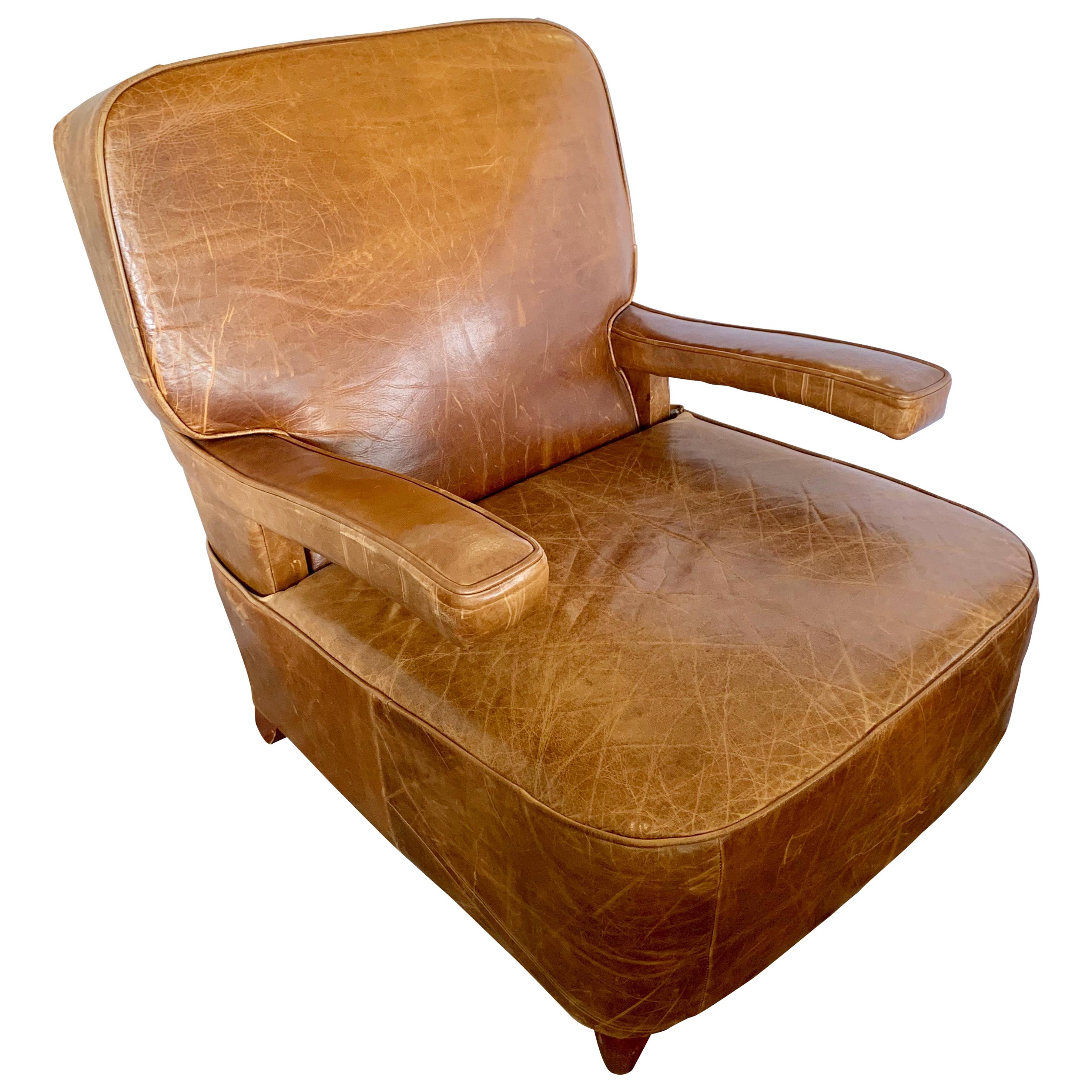 Art Deco Vintage French Brown Leather Club Cigar Chair