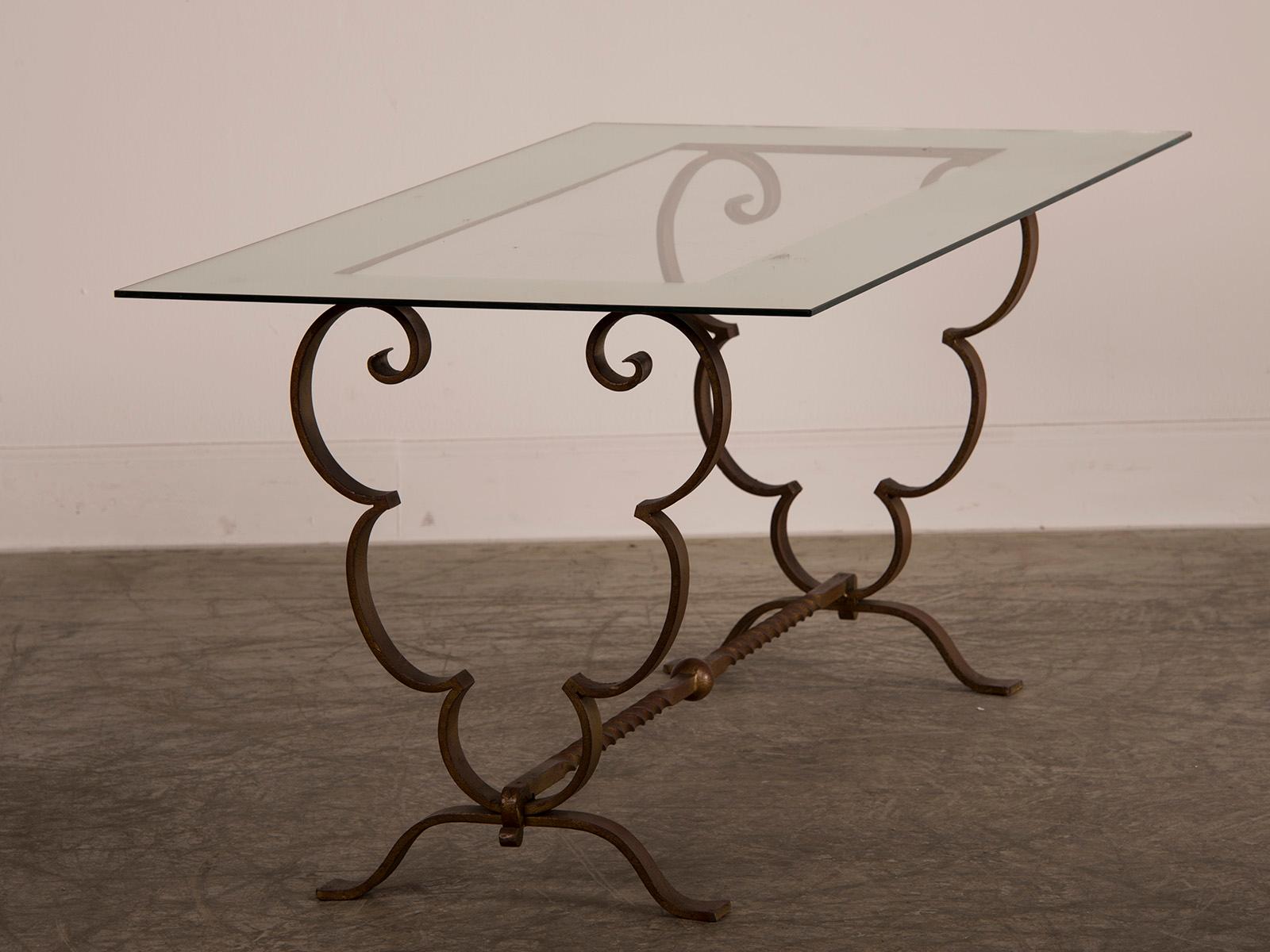 Forged Art Deco Vintage French Gilded Iron Coffee Table France circa 1940 Mirror Top For Sale