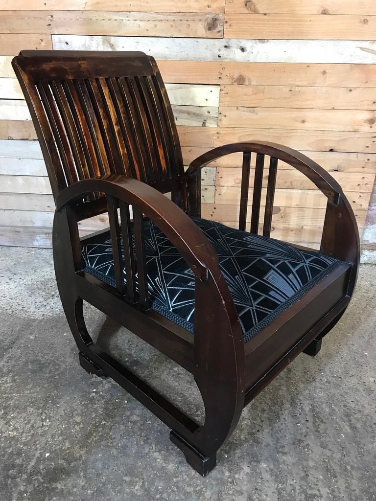 Art Deco vintage French wooden armchair, 1930

Original armchair is in very good condition, we have had it newly reupholstered, lovely Art Deco shape, very comfortable to sit in.