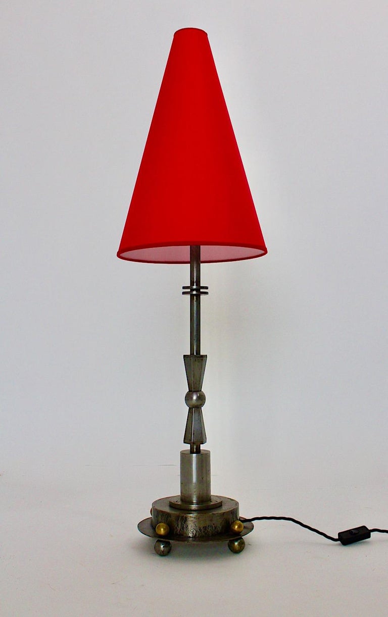 Early 20th Century Art Deco Vintage Geometric Iron Brass Table Lamp, 1920s, Austria For Sale