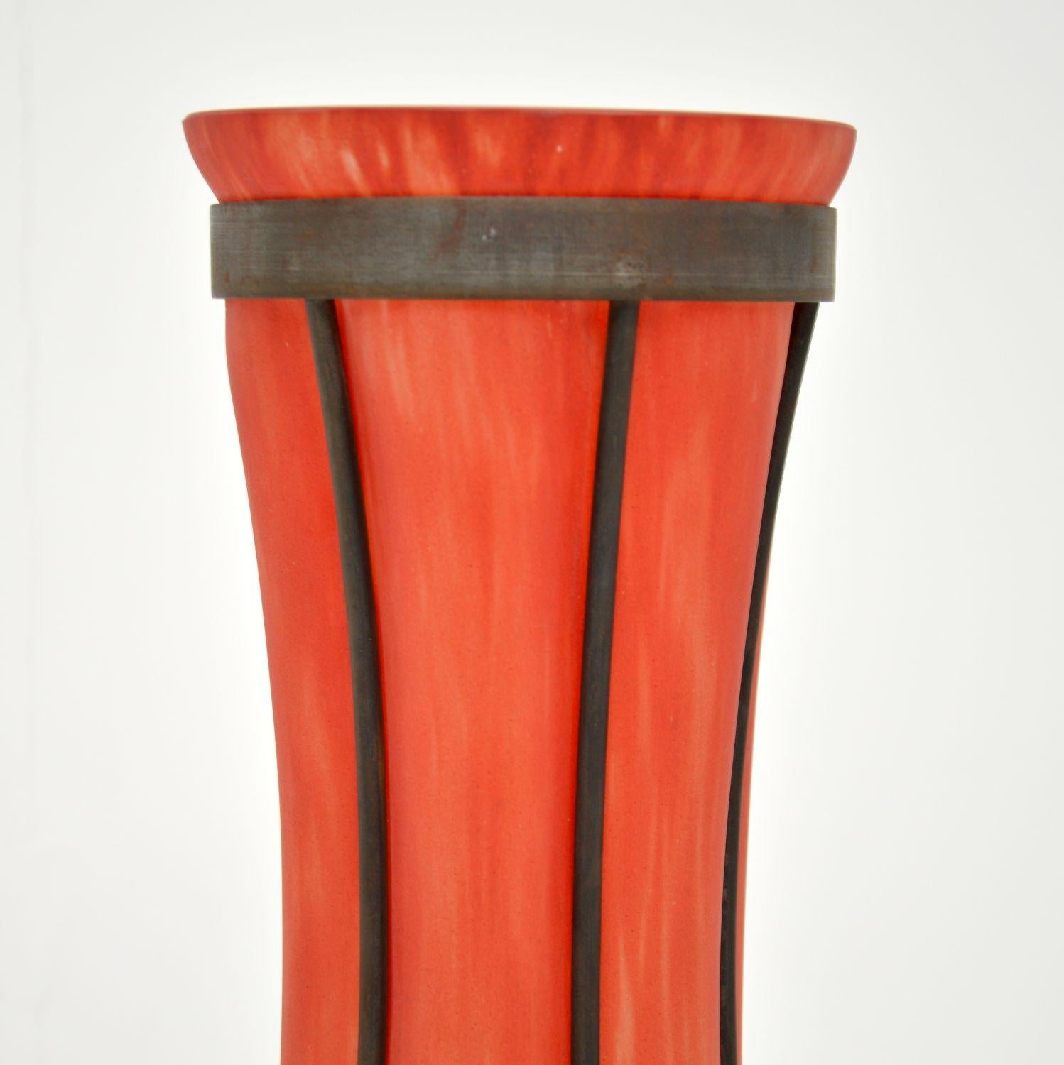 British Art Deco Vintage Glass & Pewter Vase For Sale