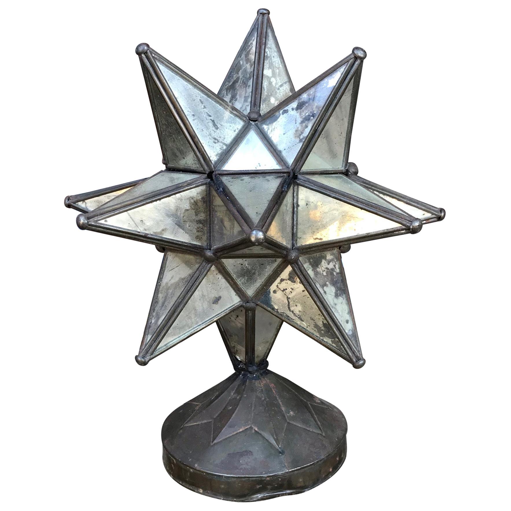 Art Deco Vintage Glass STAR Table Lamp on Patinated Brass Base Mexico