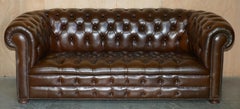 ART DECO ViNTAGE TEINTE A LA MAIN RESTAURATION COMPLETE DU CUIR BRUN MASSIF CHESTERFIELD SOFA