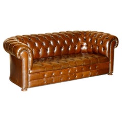 ART DECO ViNTAGE TEINTE A LA MAIN RESTAURATION COMPLETE DU CUIR BRUN MASSIF CHESTERFIELD SOFA