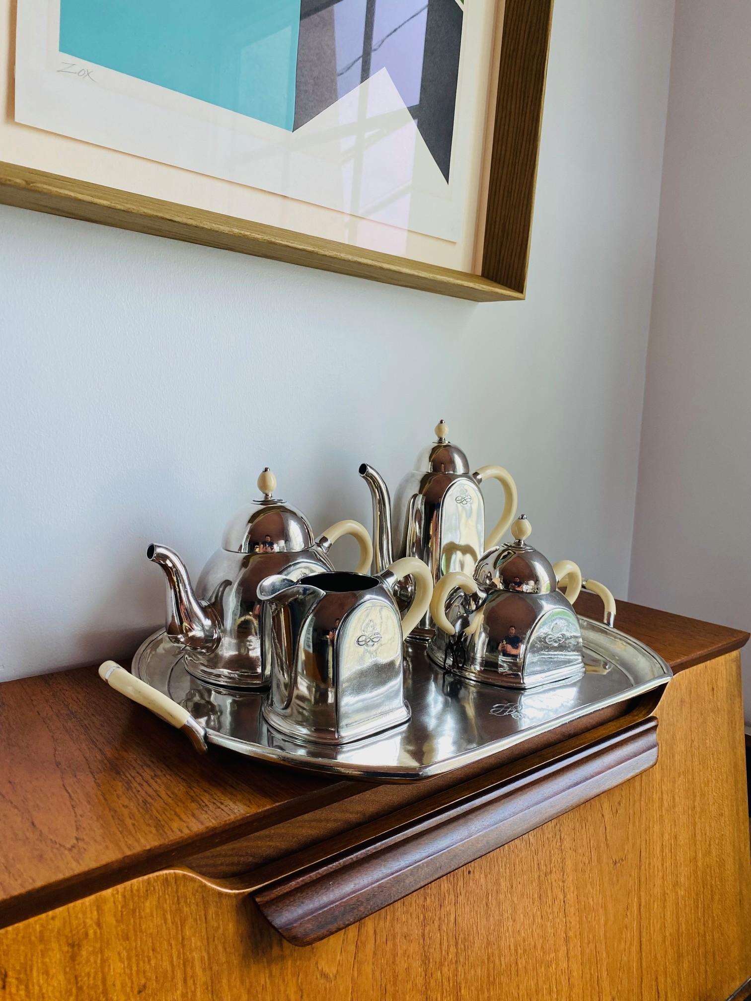 Art Deco Vintage Hotel Sterling Silver Ocean Liner Tea Coffee Set (Italy) For Sale 8