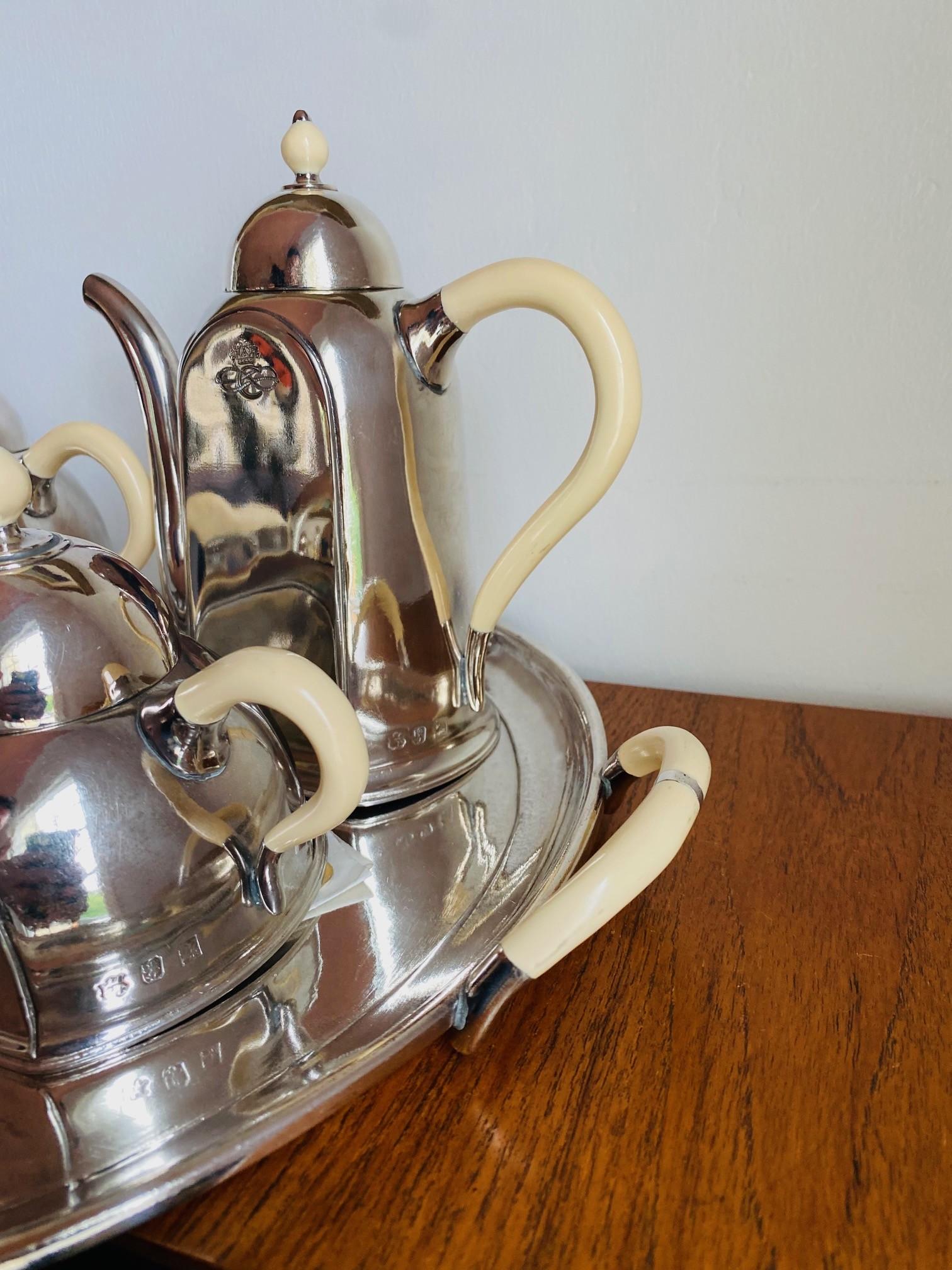 Art Deco Vintage Hotel Sterling Silver Ocean Liner Tea Coffee Set (Italy) For Sale 11