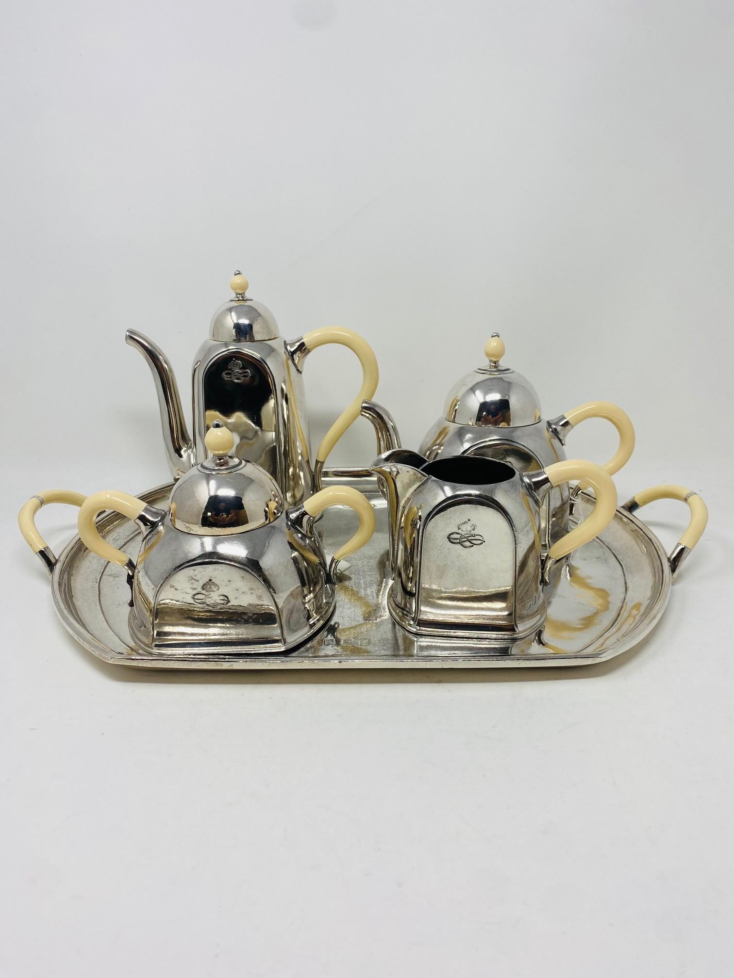 Art Deco Vintage Hotel Sterling Silver Ocean Liner Tea Coffee Set (Italy) In Good Condition For Sale In San Diego, CA