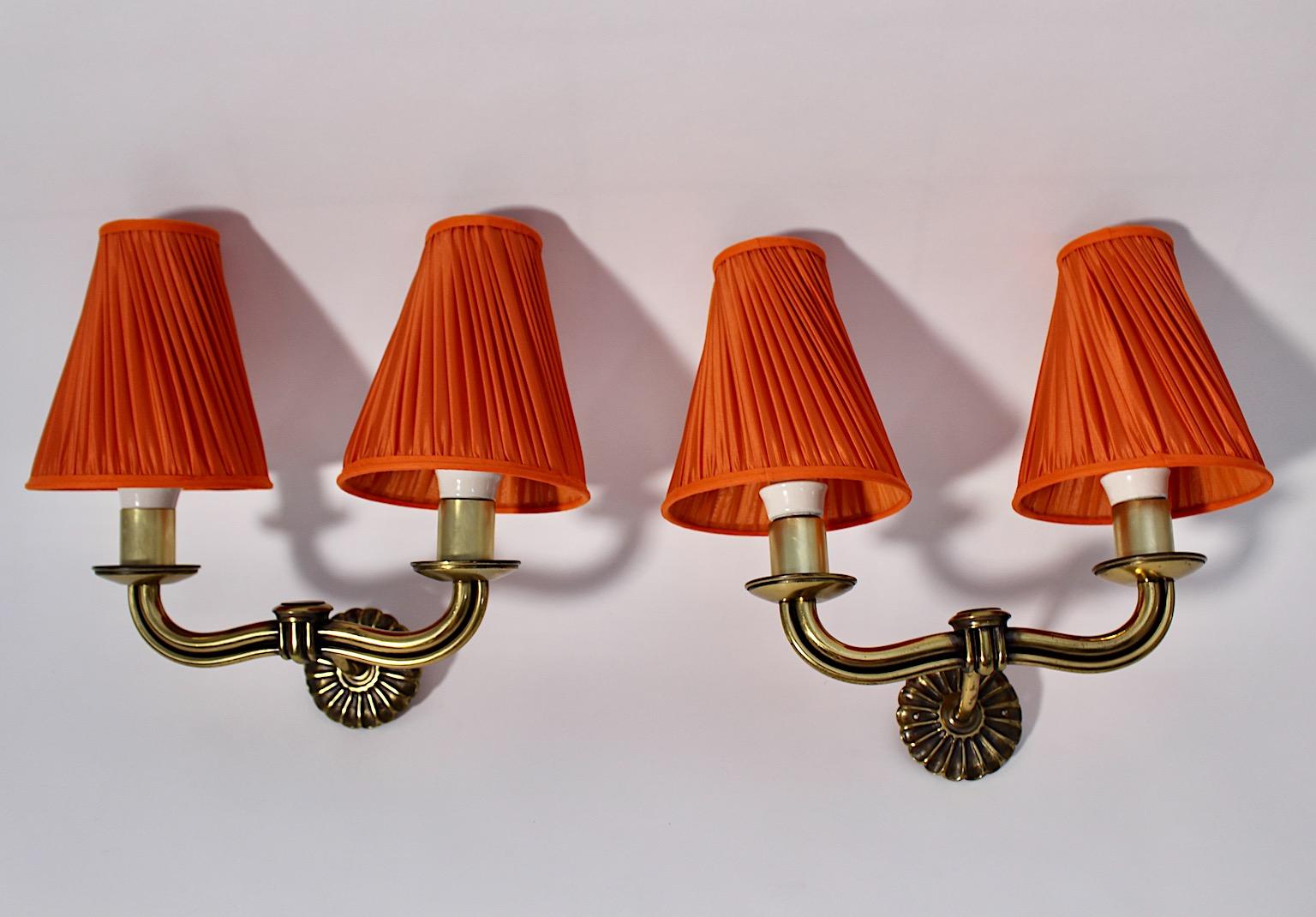 Art Deco Vintage Hugo Gorge Brass Orange Pleated Sconces Pair Duo 1930s Vienna 6