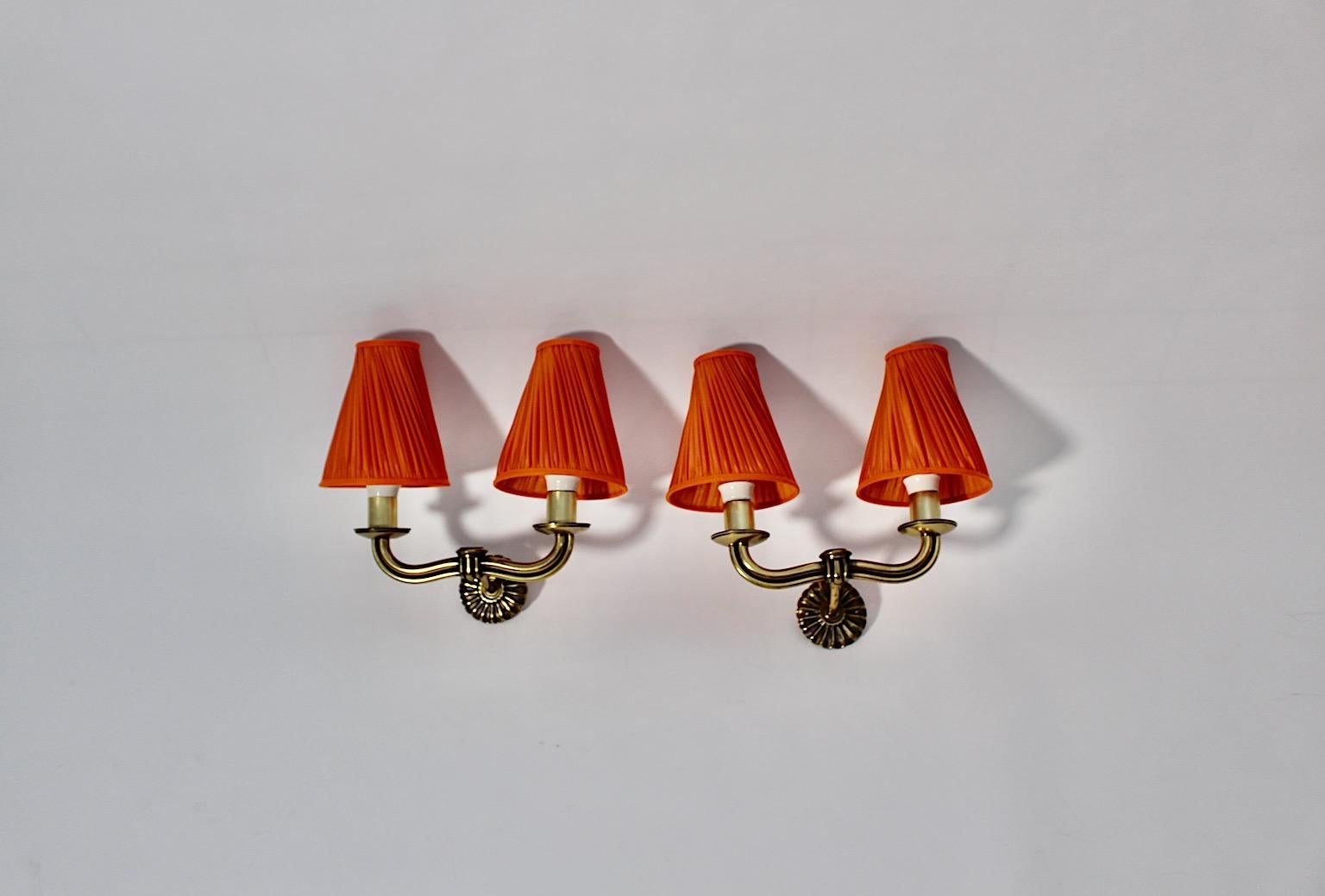Art Deco Vintage Hugo Gorge Brass Orange Pleated Sconces Pair Duo 1930s Vienna 7