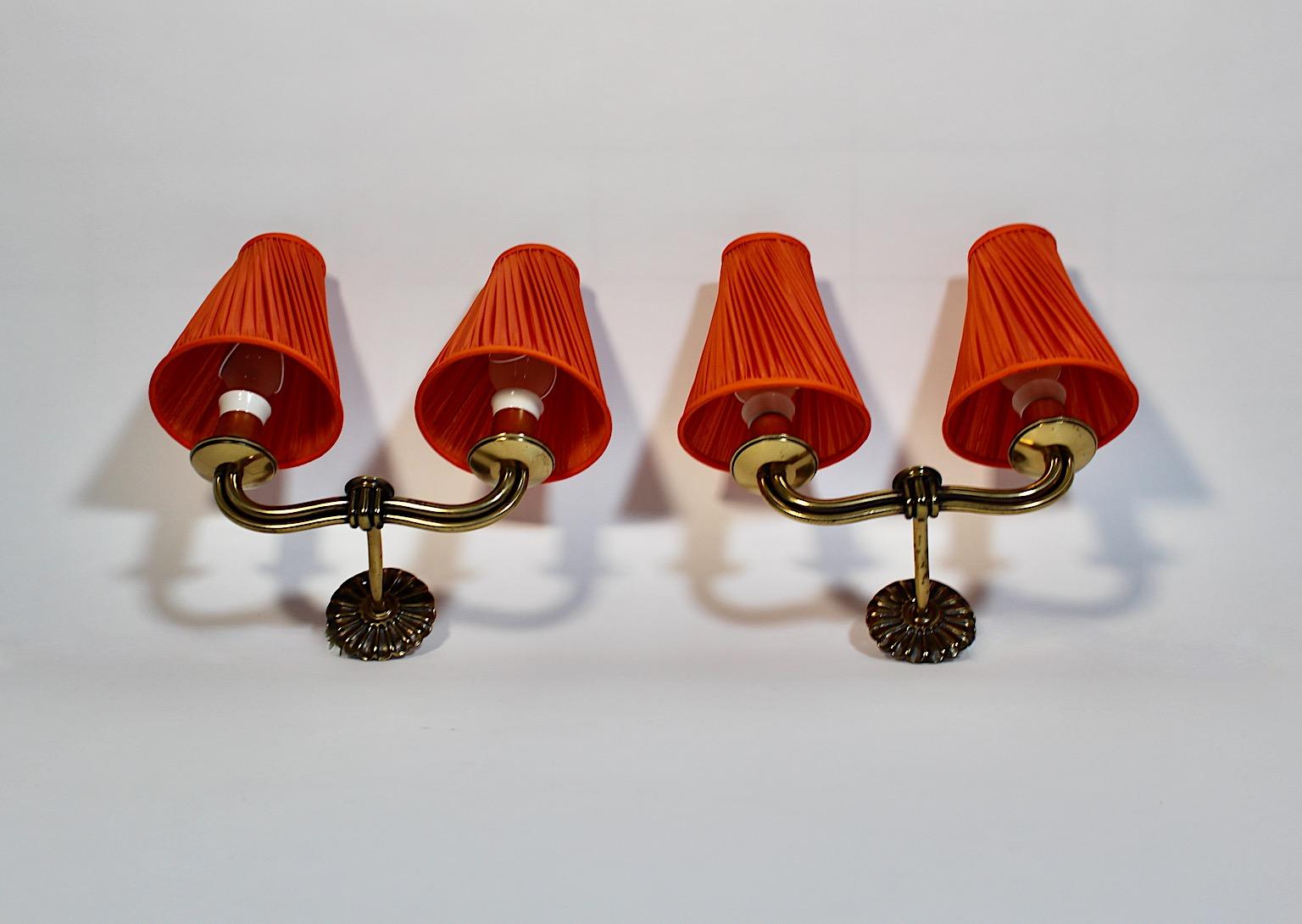 Art Deco Vintage Hugo Gorge Brass Orange Pleated Sconces Pair Duo 1930s Vienna 9