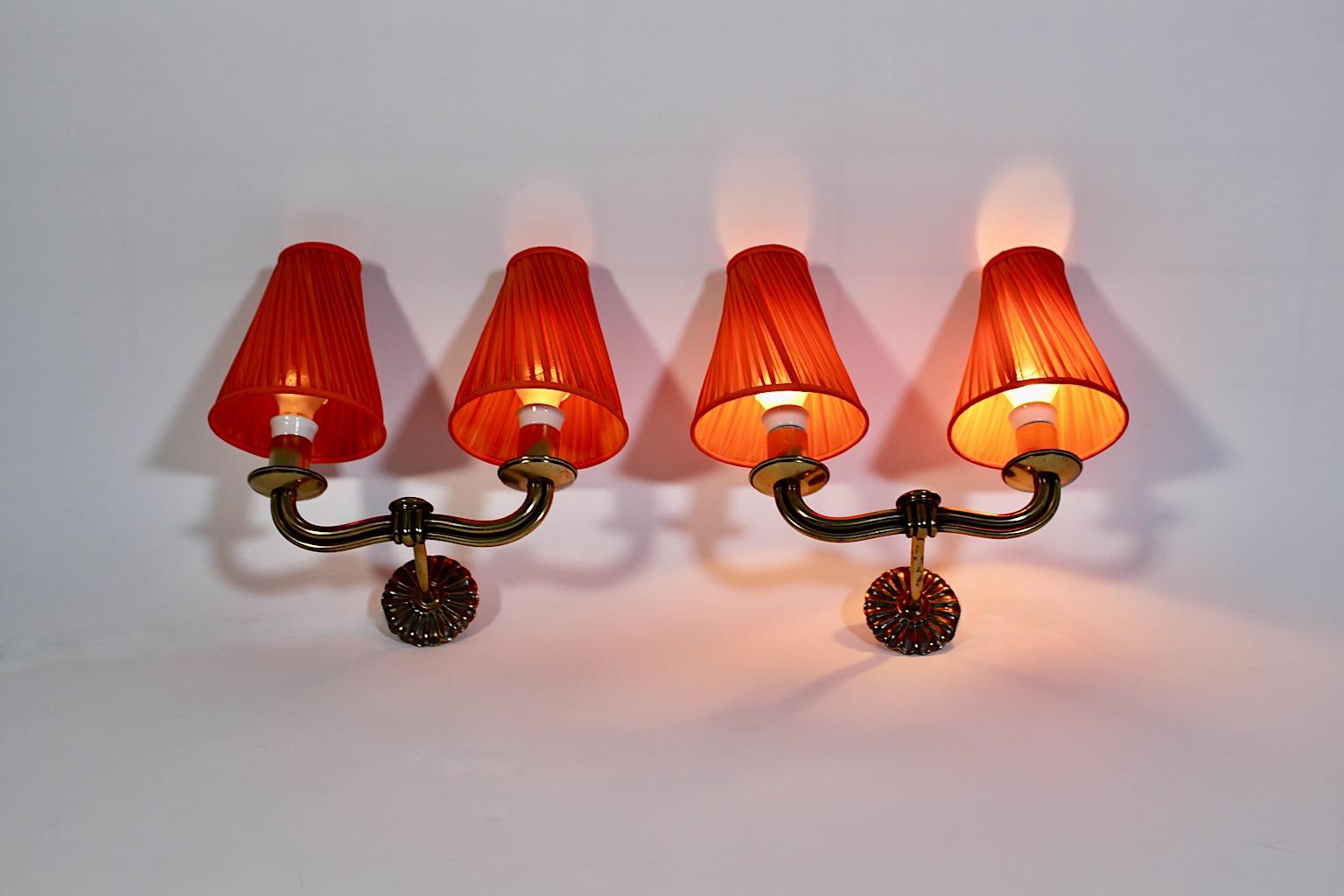 Art Deco Vintage Hugo Gorge Brass Orange Pleated Sconces Pair Duo 1930s Vienna 10