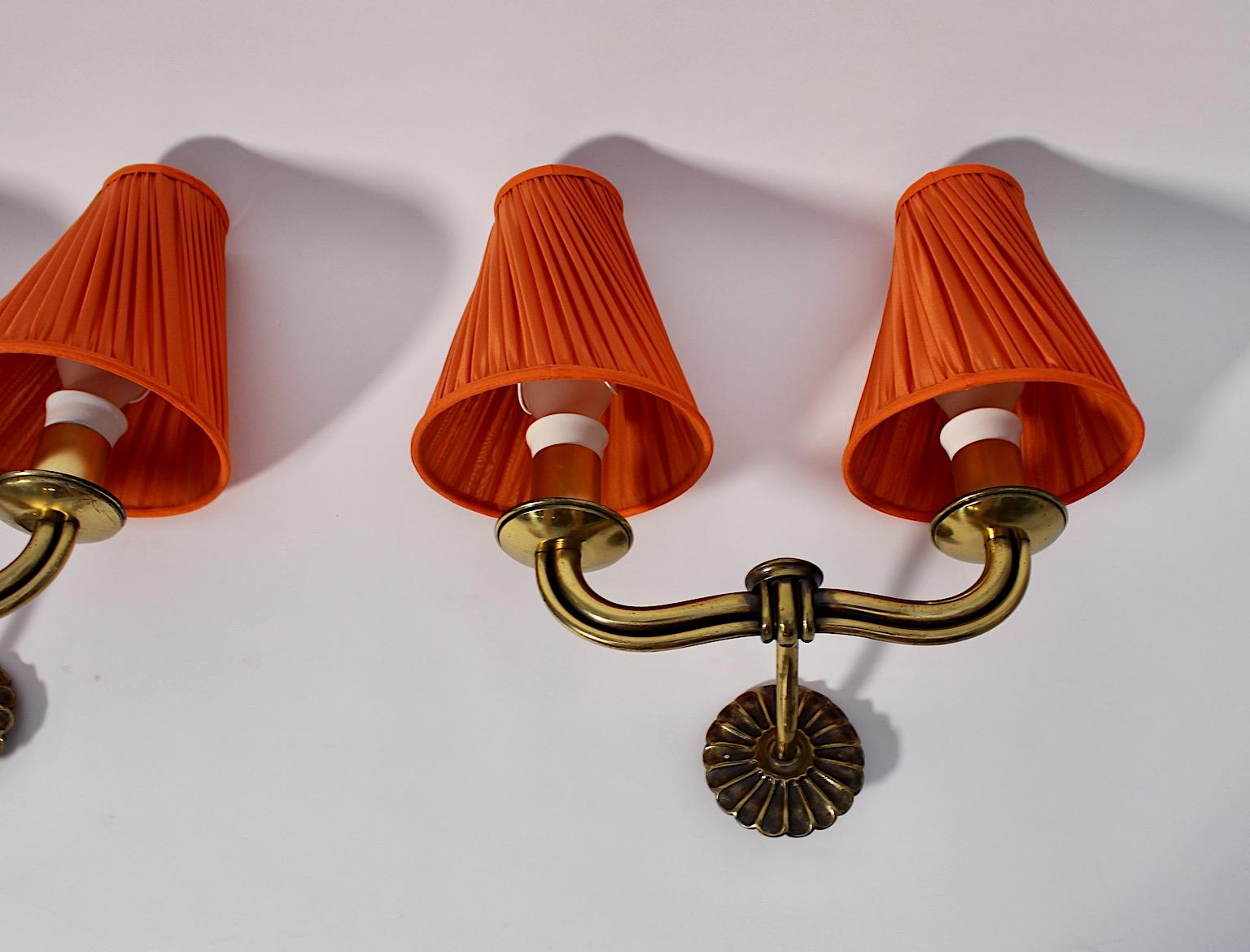 Art Deco Vintage Hugo Gorge Brass Orange Pleated Sconces Pair Duo 1930s Vienna 11