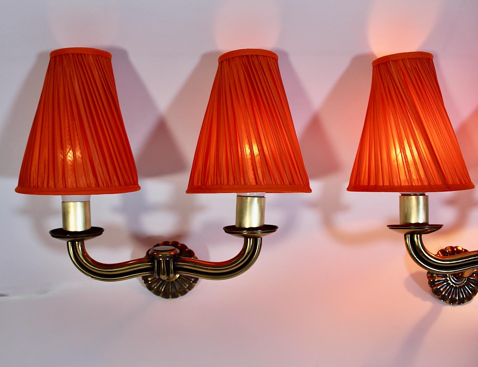 Austrian Art Deco Vintage Hugo Gorge Brass Orange Pleated Sconces Pair Duo 1930s Vienna