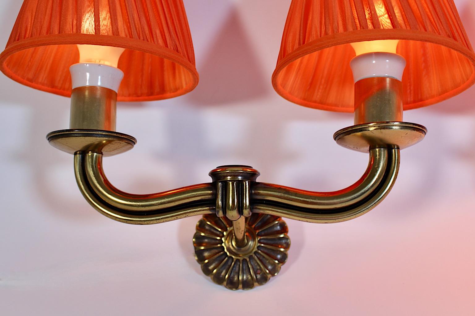 Art Deco Vintage Hugo Gorge Brass Orange Pleated Sconces Pair Duo 1930s Vienna 1