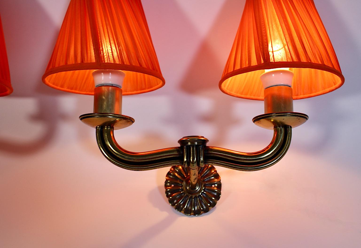Art Deco Vintage Hugo Gorge Brass Orange Pleated Sconces Pair Duo 1930s Vienna 2