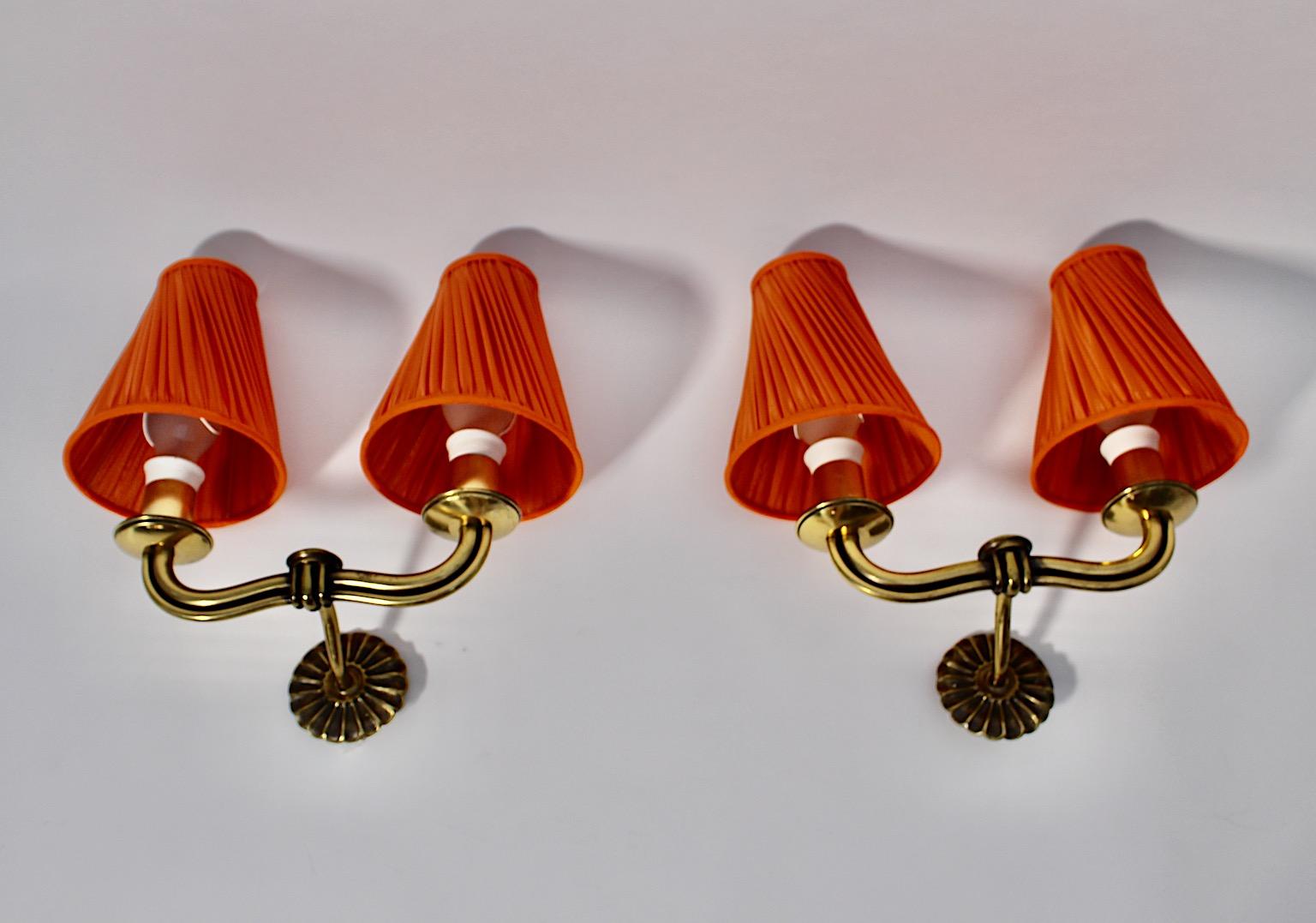 Art Deco Vintage Hugo Gorge Brass Orange Pleated Sconces Pair Duo 1930s Vienna 3