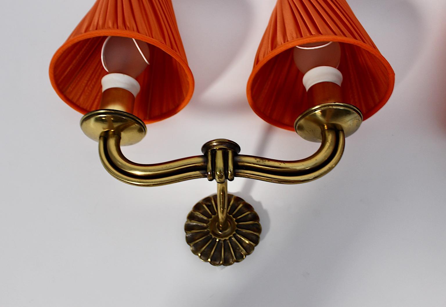 Art Deco Vintage Hugo Gorge Brass Orange Pleated Sconces Pair Duo 1930s Vienna 4