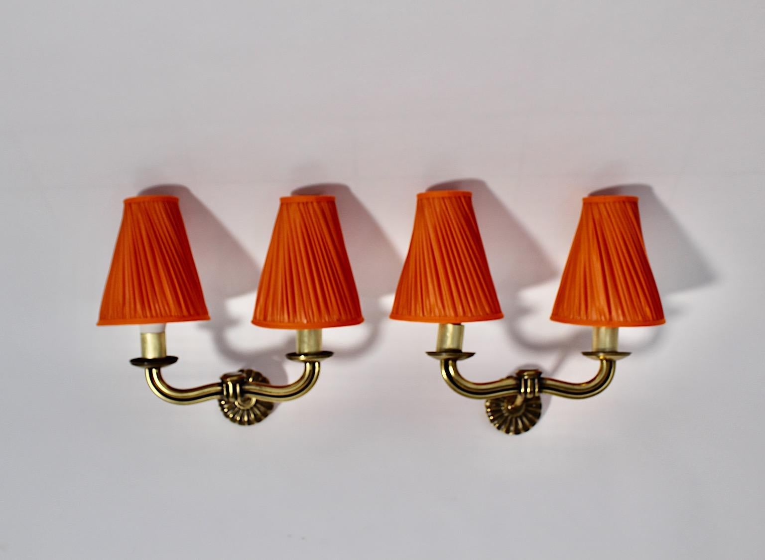 Art Deco Vintage Hugo Gorge Brass Orange Pleated Sconces Pair Duo 1930s Vienna 5