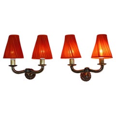 Art Deco Vintage Hugo Gorge Brass Orange Pleated Sconces Pair Duo 1930s Vienna