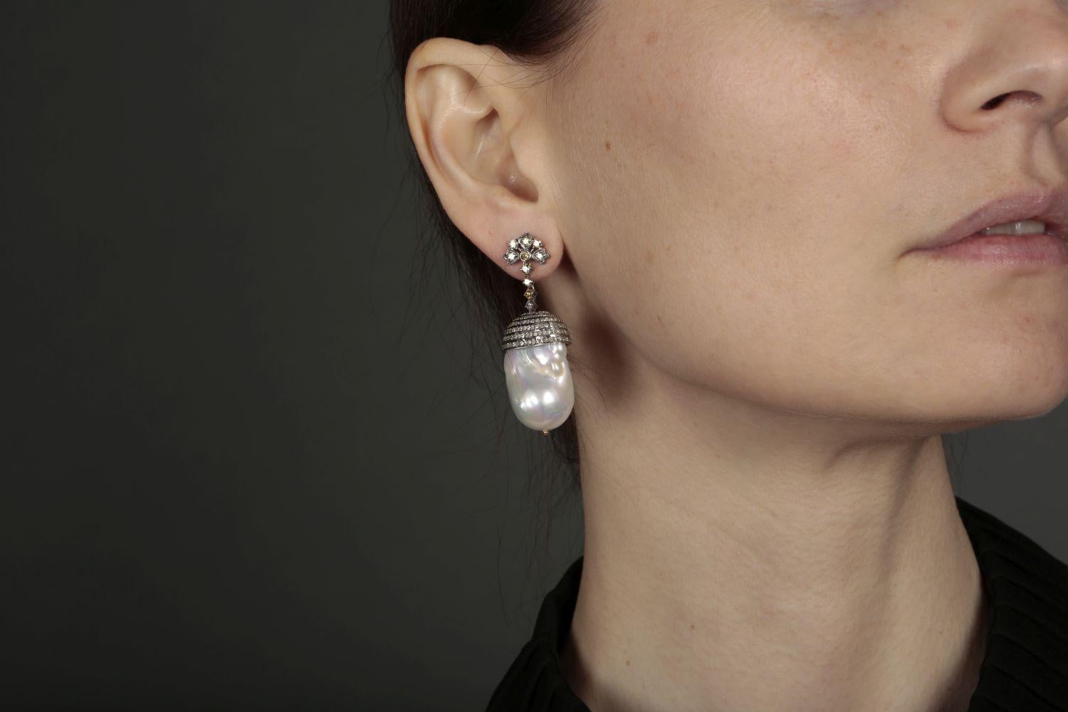 Single Cut Art Deco Vintage Inspired 1920s Pearl and Diamond Earrings For Sale