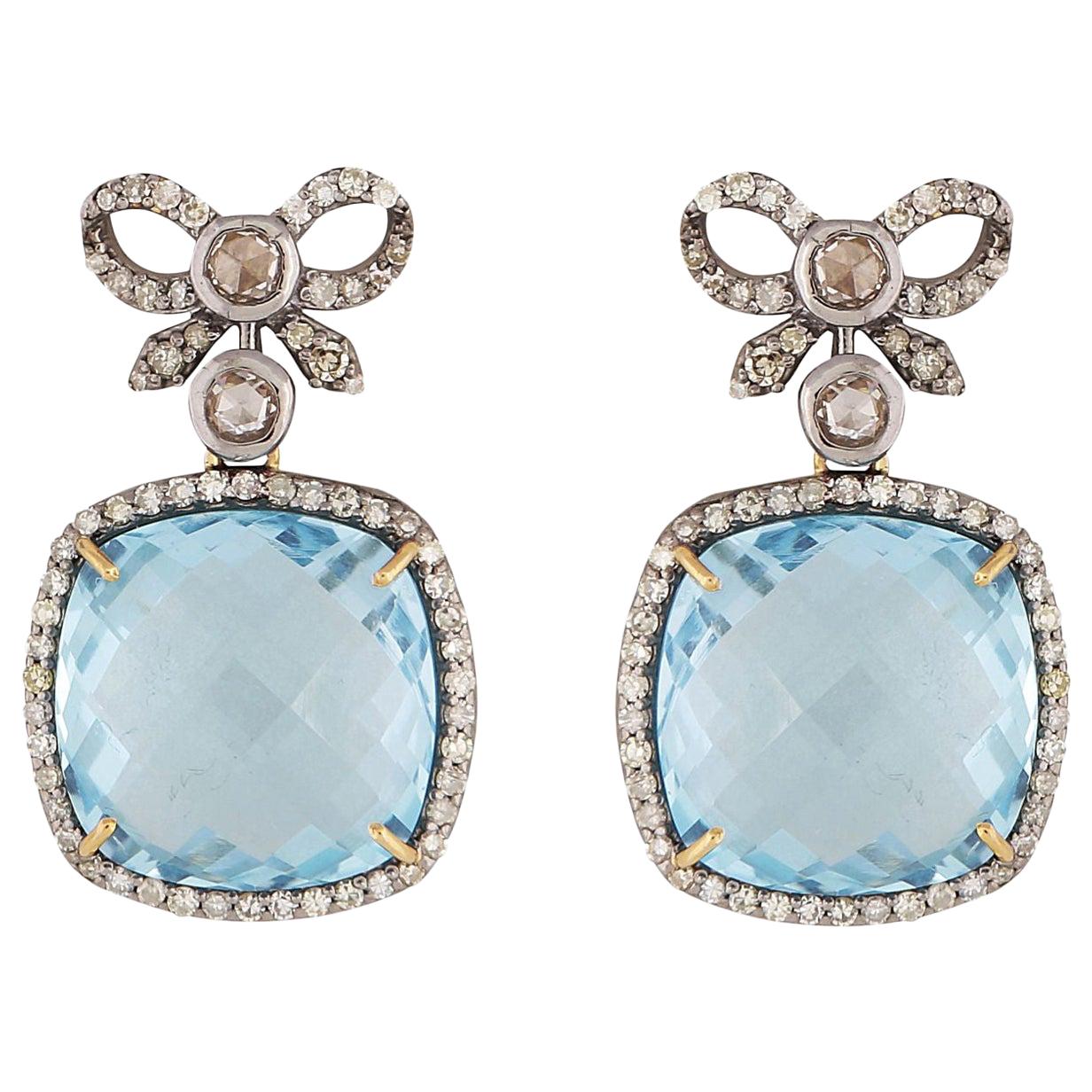 Art Deco Vintage Inspired Bow Earrings with Blue Topaz and Diamonds