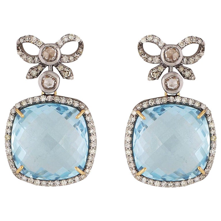 Art Deco Vintage Inspired Bow Earrings with Blue Topaz and Diamonds For Sale