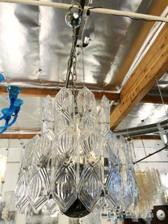 Art Decó Vintage Italian Chandelier, Vidrios Grabados Transparentes sobre Níquel, c 1960s