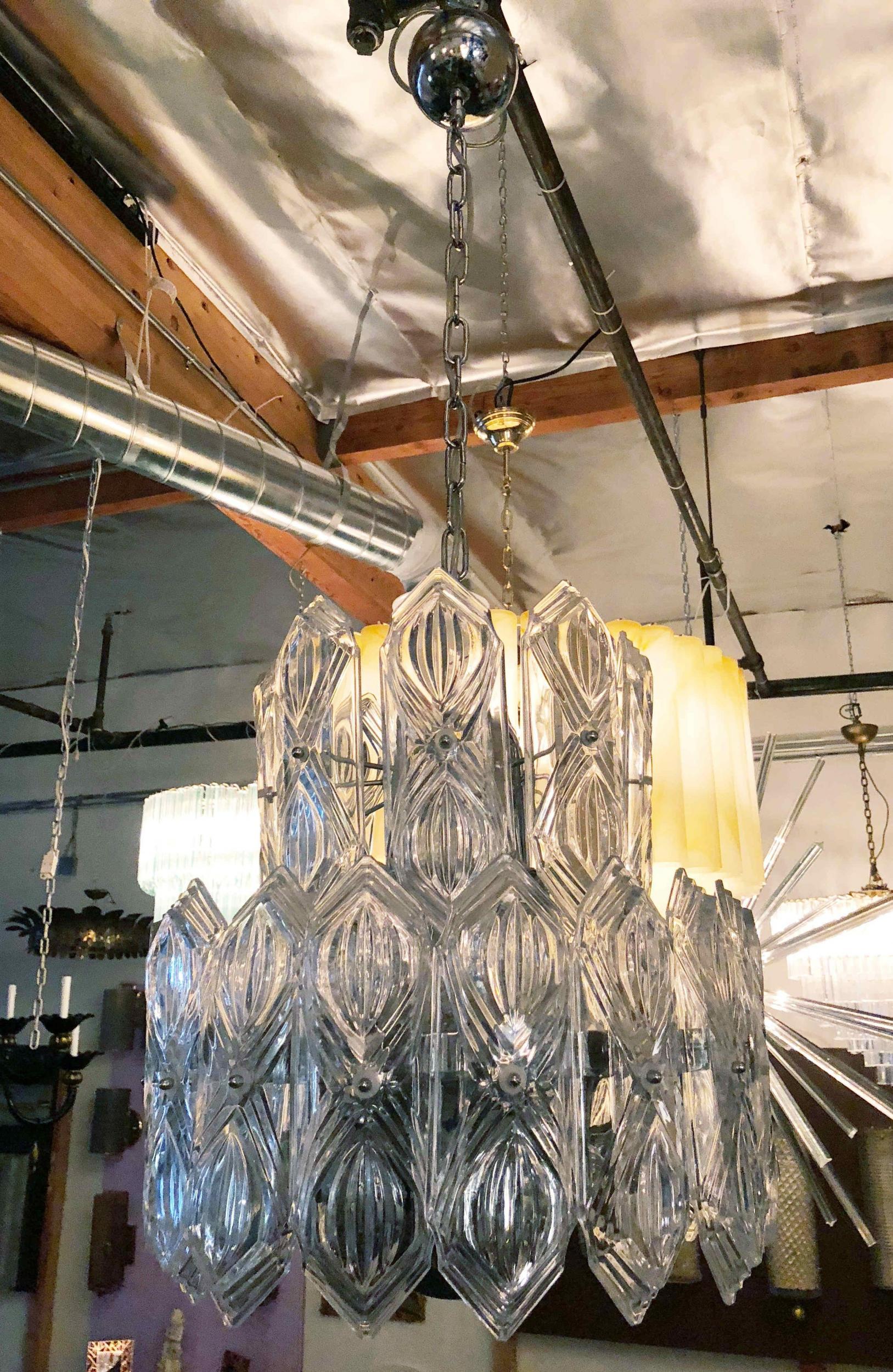 Art Deco Vintage Italian Chandelier, Clear Etched Glasses on Nickel, c 1960s In Excellent Condition For Sale In Los Angeles, CA