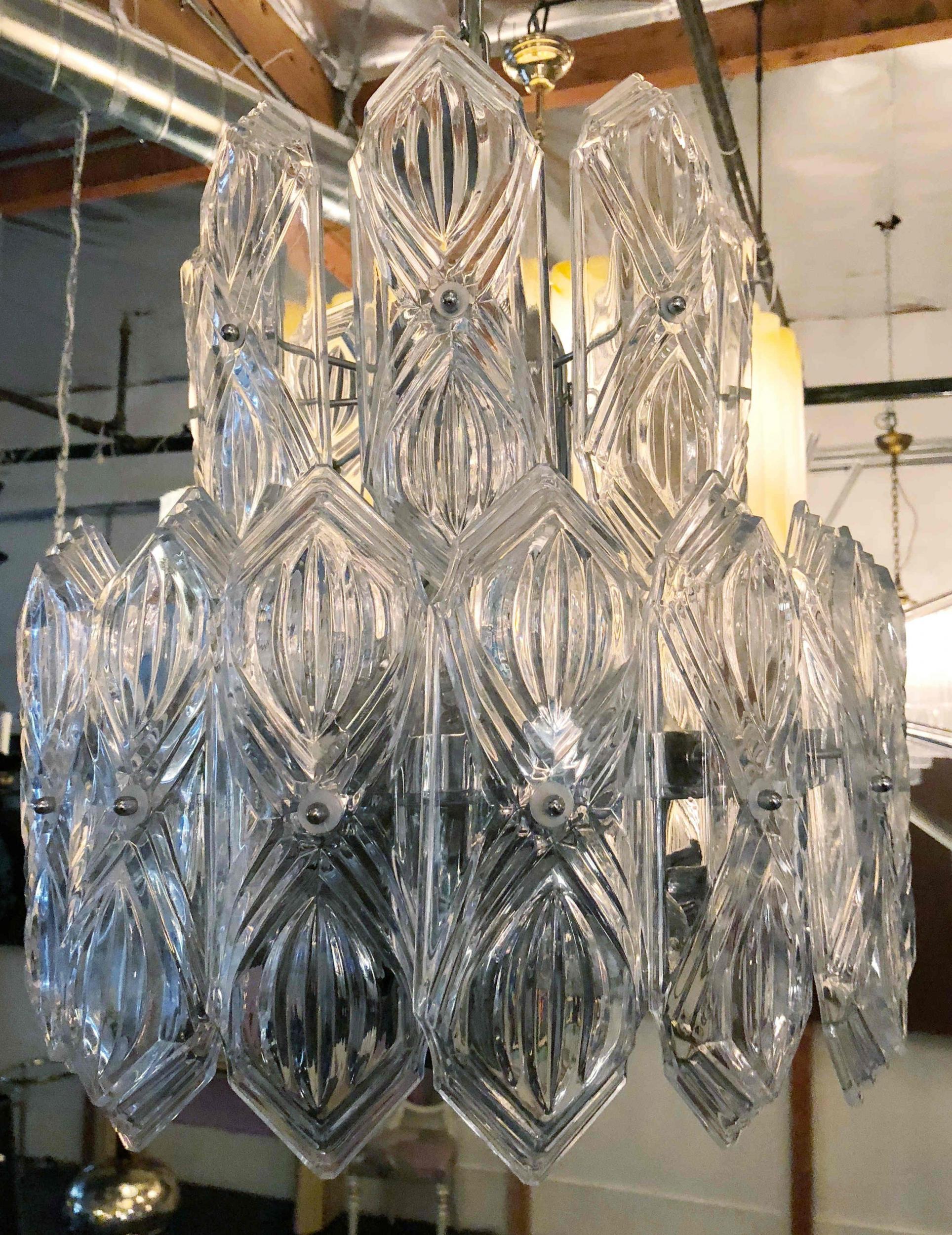 Mid-20th Century Art Deco Vintage Italian Chandelier, Clear Etched Glasses on Nickel, c 1960s For Sale