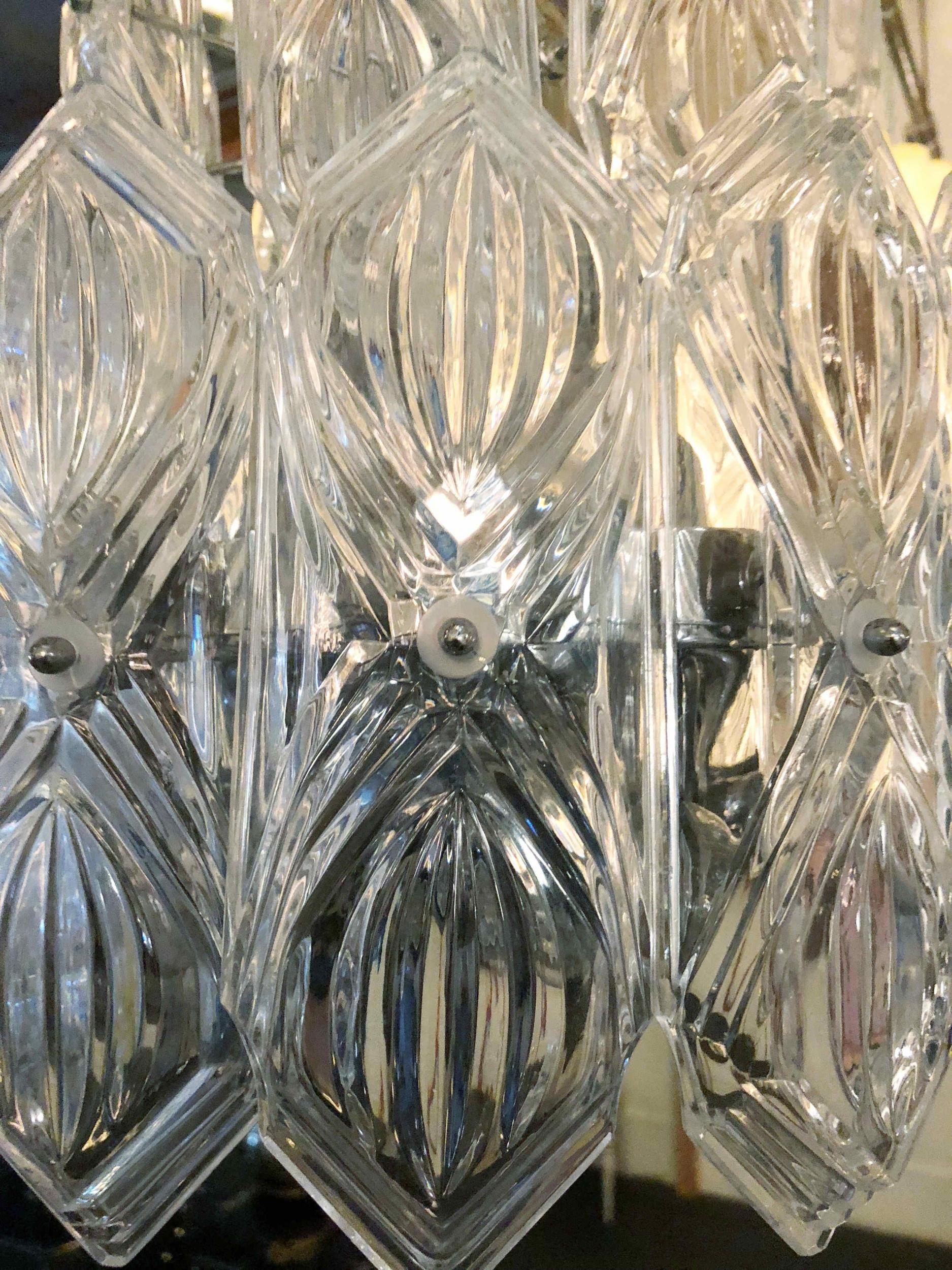 Art Deco Vintage Italian Chandelier, Clear Etched Glasses on Nickel, c 1960s For Sale 2